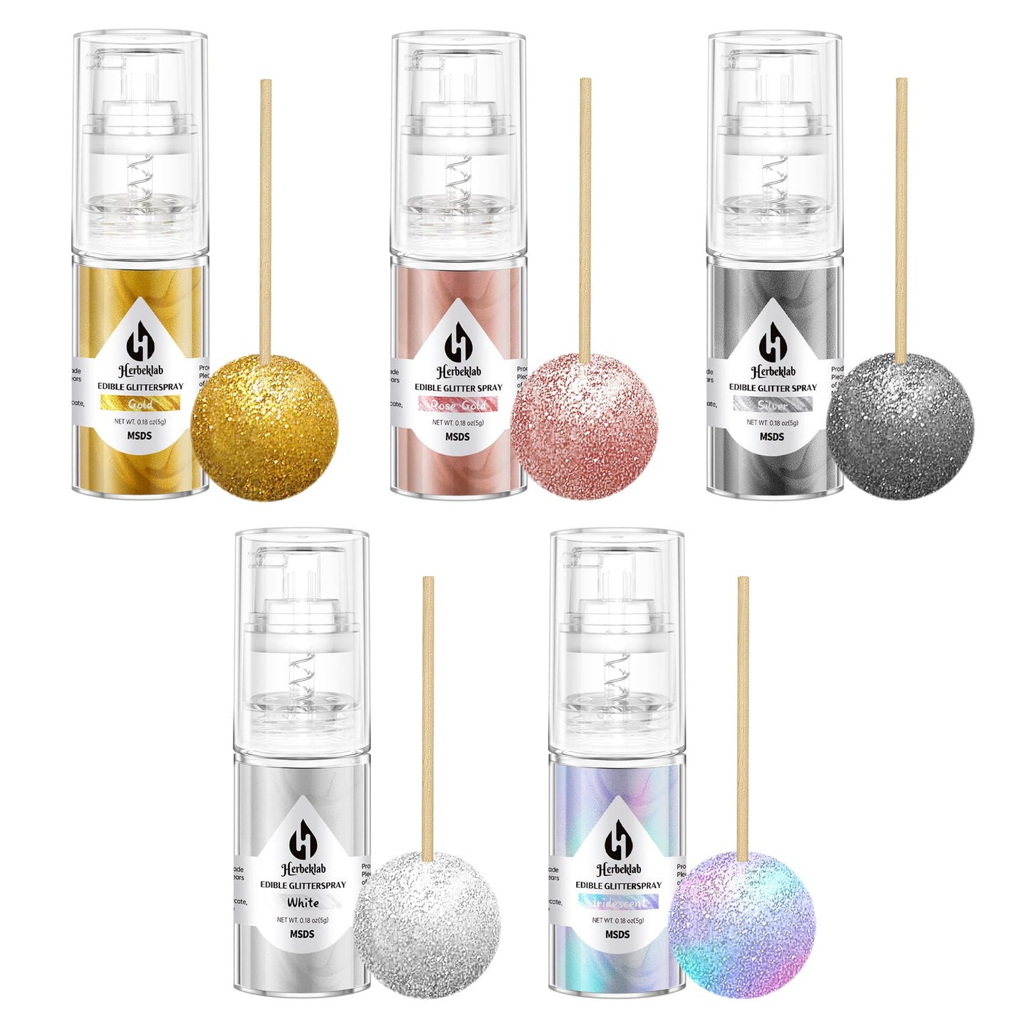 Edible Glitter Spray Set - 5 Colors Iridescent Gold  Silver  White & Rose Gold Food Grade Shimmer Powder  Metallic Edible Spray Glitter For Cakes  Cookies  Chocolate & Strawberries  5G/Bottle