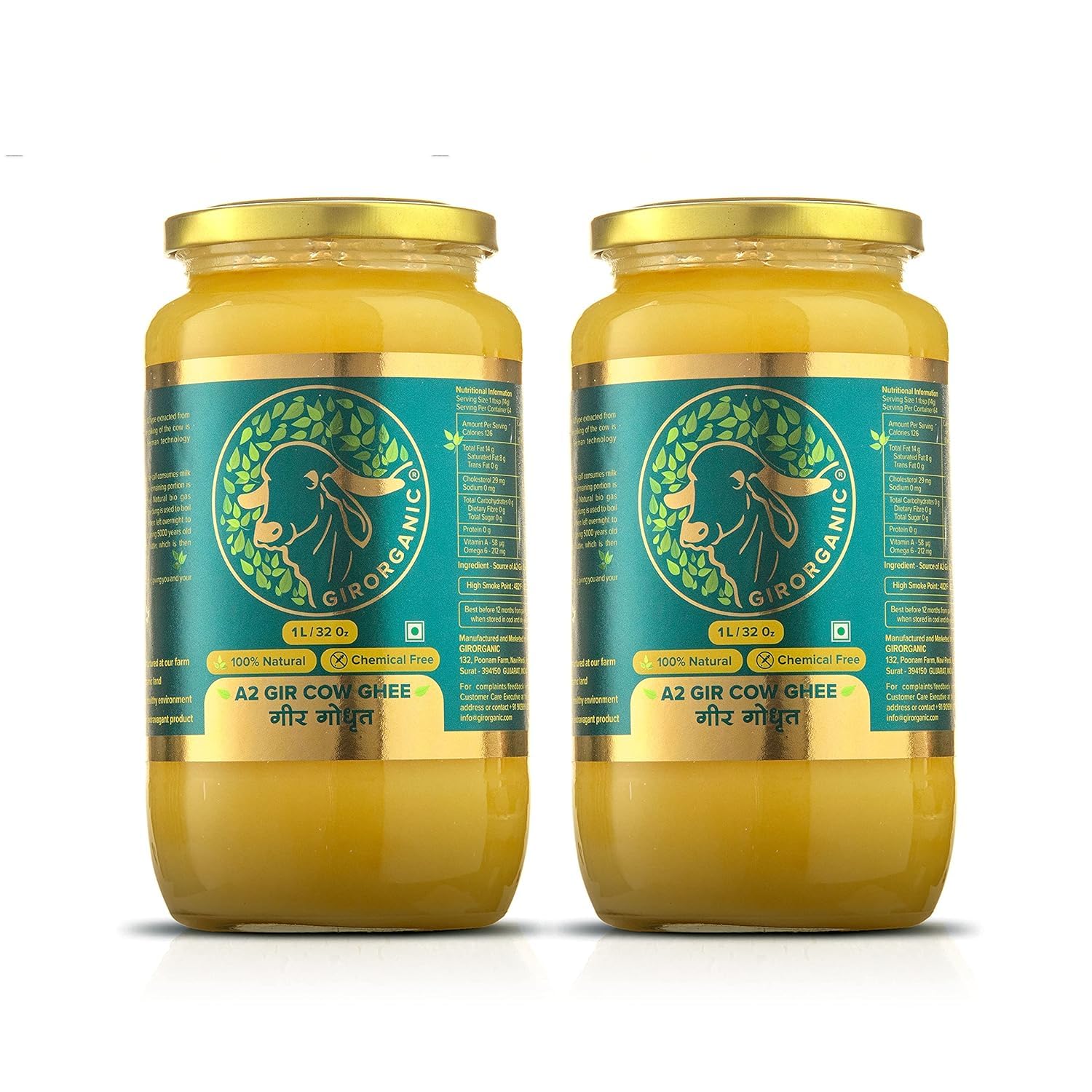 Organic Grass Fed A2 Ghee Clarified Butter from Girorganic - Unsalted Gir Cow Ghee Butter - Organic Ghee Oil - Pasture Raised, L