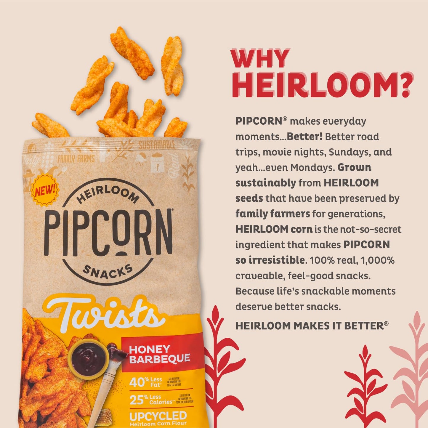 Pipcorn Heirloom Honey BBQ Twists - Gluten Free, Non-GMO Snacks - 4.5oz, 6 Pack