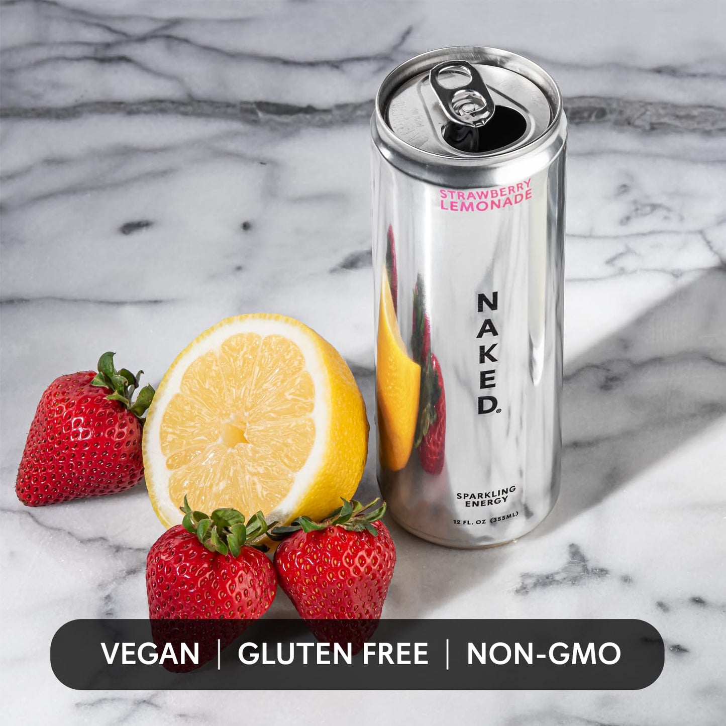 Naked Sparkling Energy Drink - Strawberry Lemonade  Organic Caffeine  Organic Lemon Juice  Zero Sugar  No Sucralose  Naturally Sweetened  Natural Energy Drinks  Vegan  Gluten-Free  Non-GMO - 12oz Cans (Pack of 12)