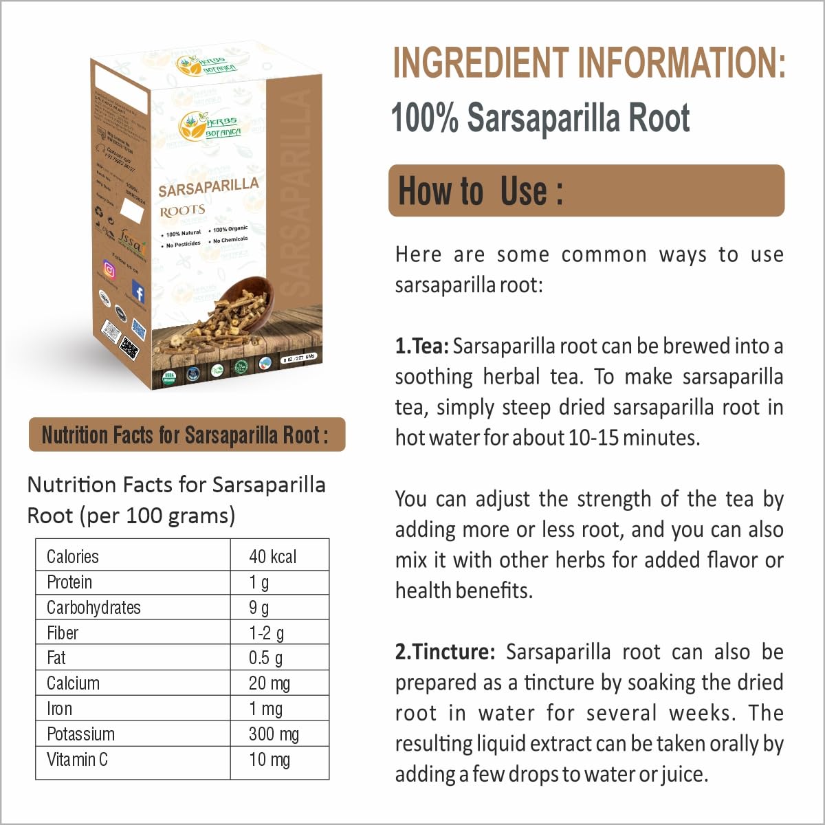 Herbs Botanica Sarsaparilla Root Herbal Tea, 8 Ounce, Natural Blood Purifier for Skin Health and Joint Support