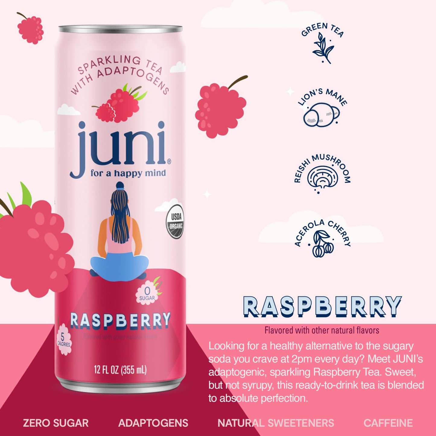 JUNI Sparkling Adaptogen Drink - Raspberry, 12 Fl Oz (Pack of 12), Zero Sugar, Organic, Non-  ic, with Ashwagandha & Mushrooms