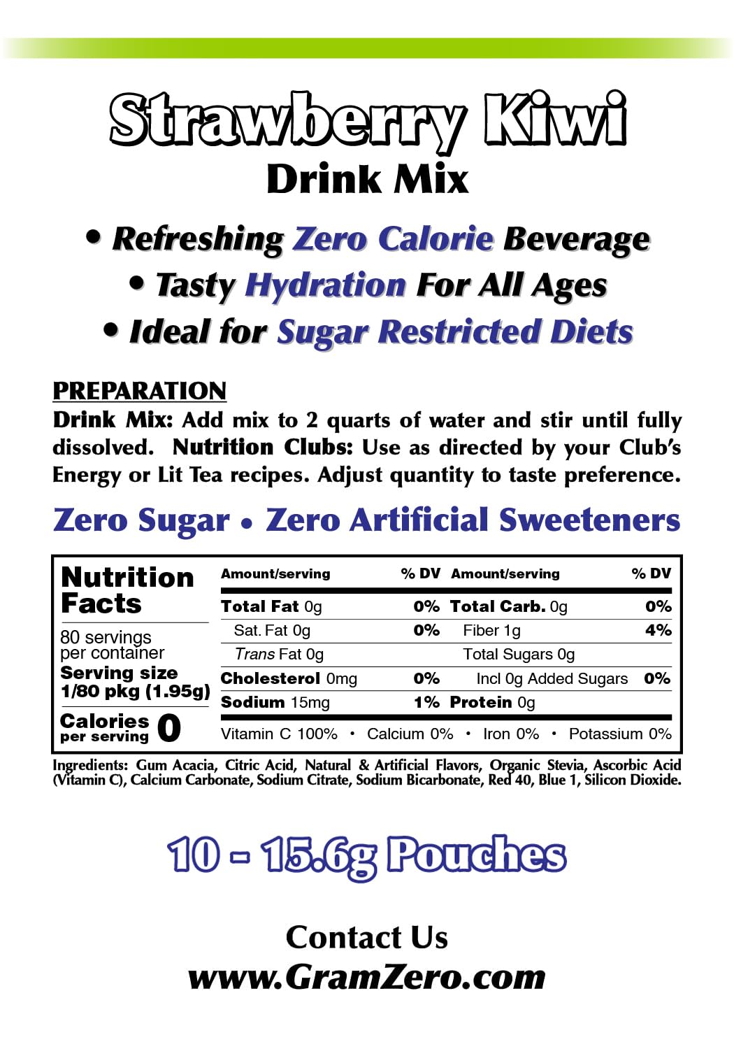 Gramzero Strawberry Kiwi, Sugar Free Drink Mix, Pitcher Pack, Great For Nutrition Club Loaded Tea, Zero Calorie, Stevia Sweetene