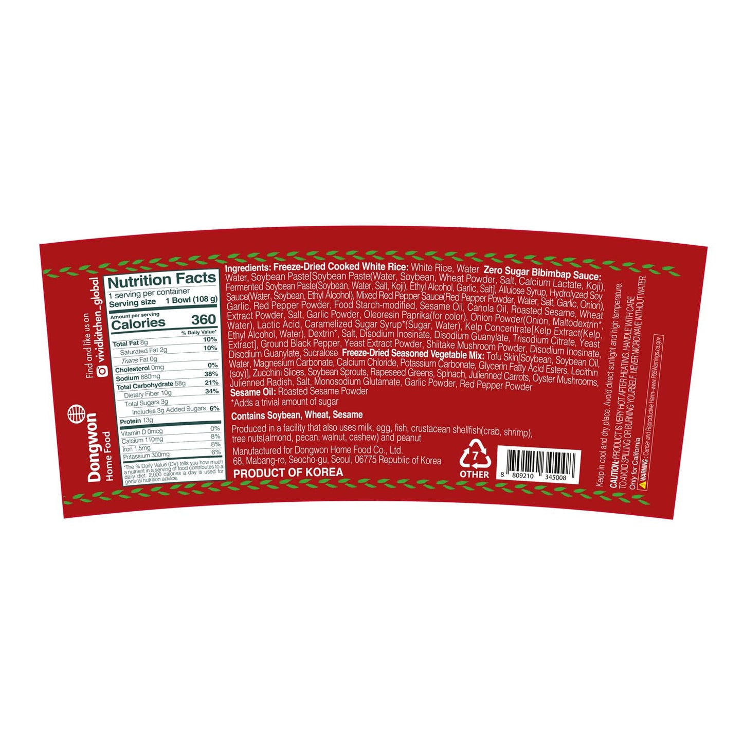 VIVID KITCHEN Freeze-Dried Bibimbap with Zero Sugar Sauce - Plant-Based Korean Meal - 3-Minute Microwave Bibimbap with 8 Vegetab