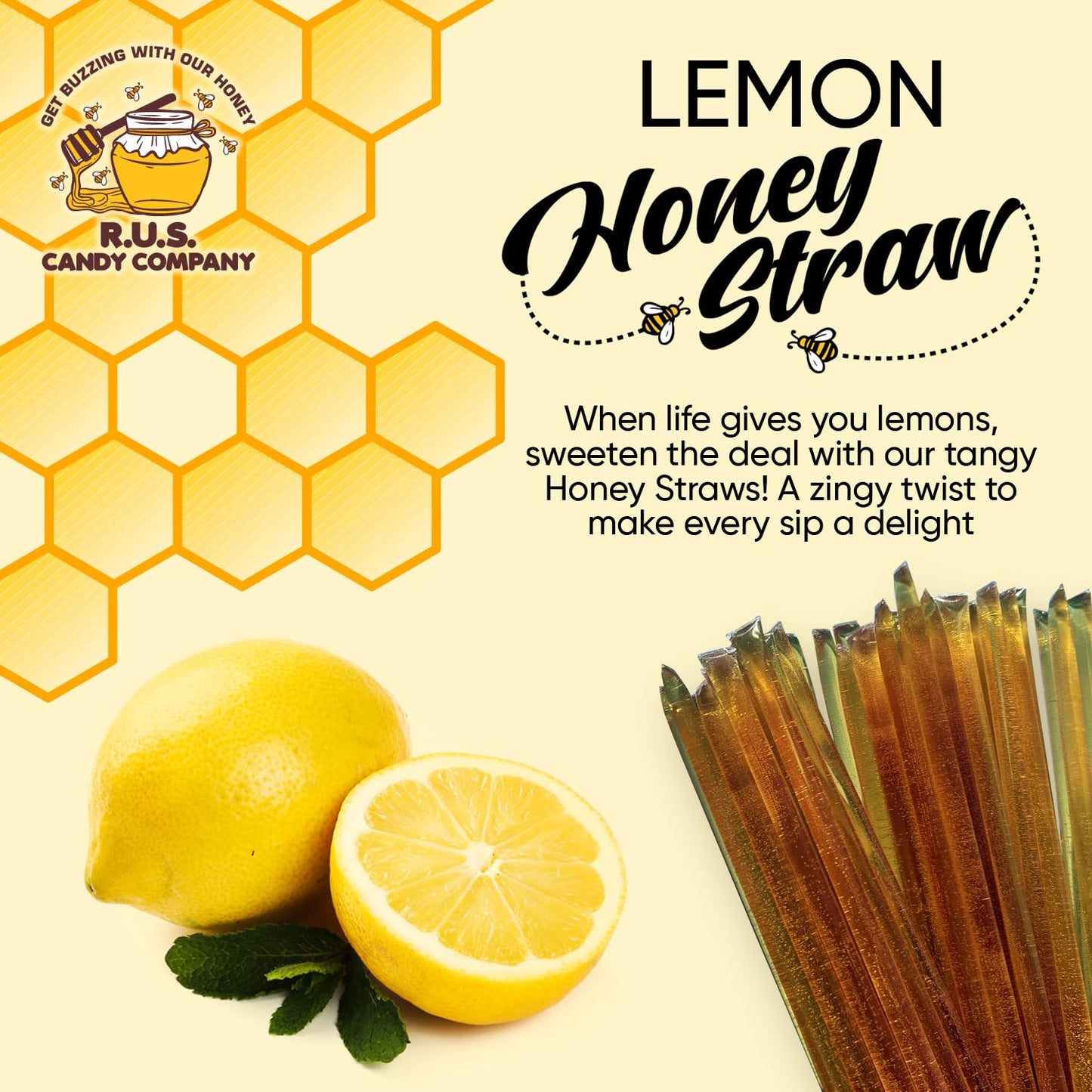 R.U.S. Candy Honey Straws - 25 Pack Lemon Flavor Single Serve Honey Sticks, Perfect for Tea and Snacking