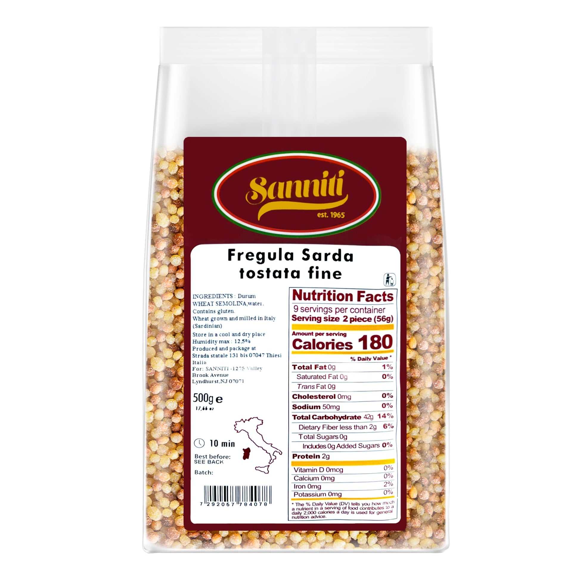 Sanniti Toasted Fregola Sarda Fine Semolina Pasta Fregula Tostata Fina, 17.6 Oz
