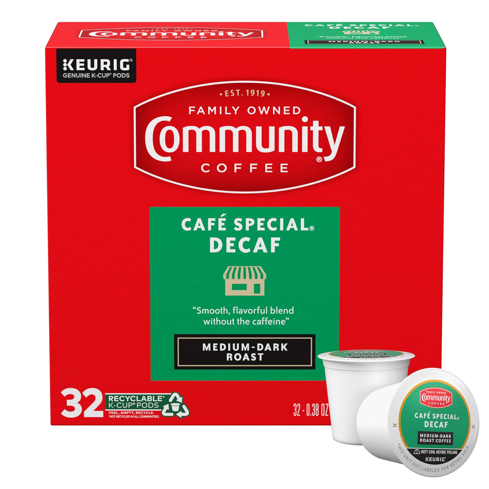 Community Coffee Café Special Decaf Medium-Dark Roast K-Cup Pods, 32 Count