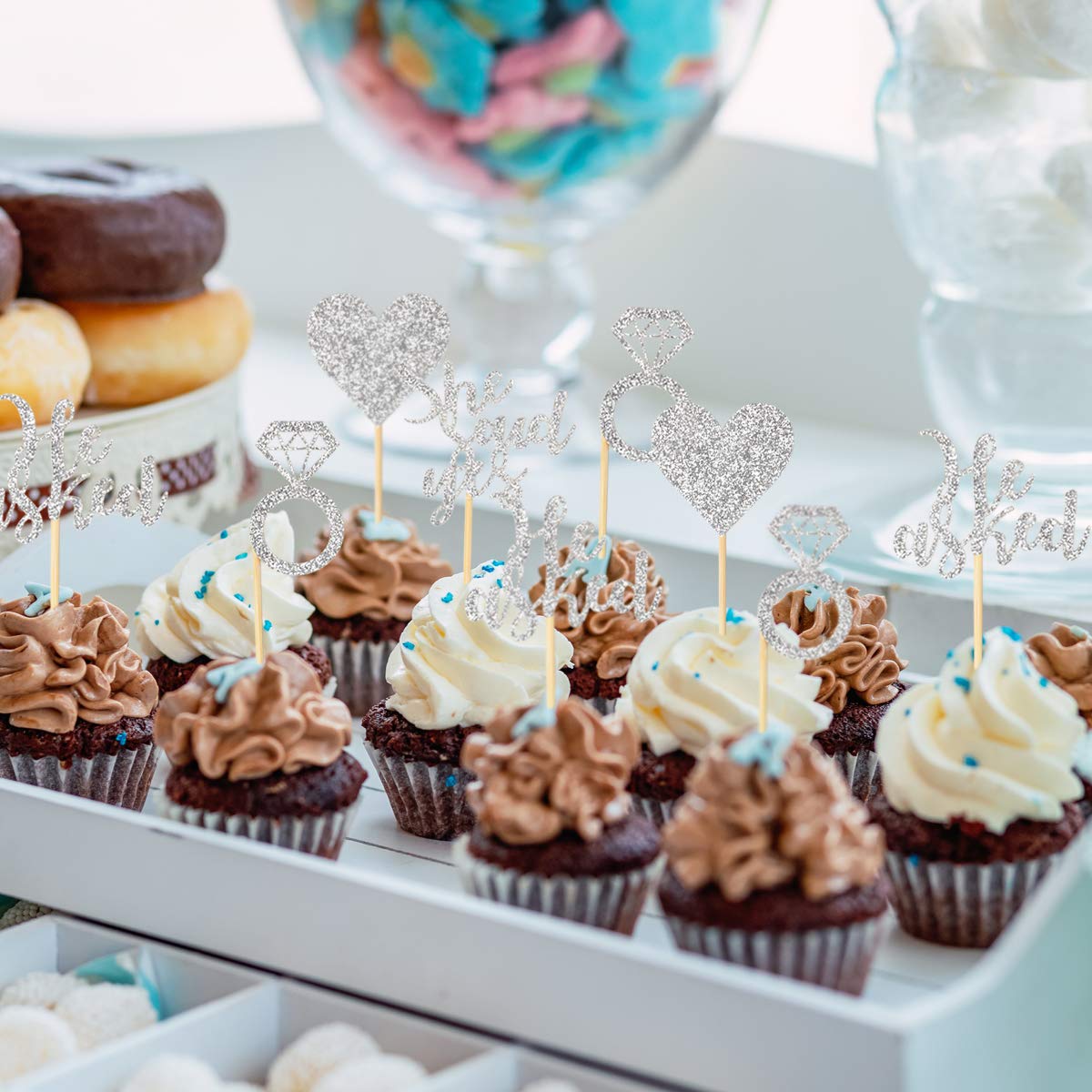 Donoter Cupcake Toppers, 48 Pcs Silver Diamond Ring Heart Cake Picks for Wedding Engagement Party Decorations