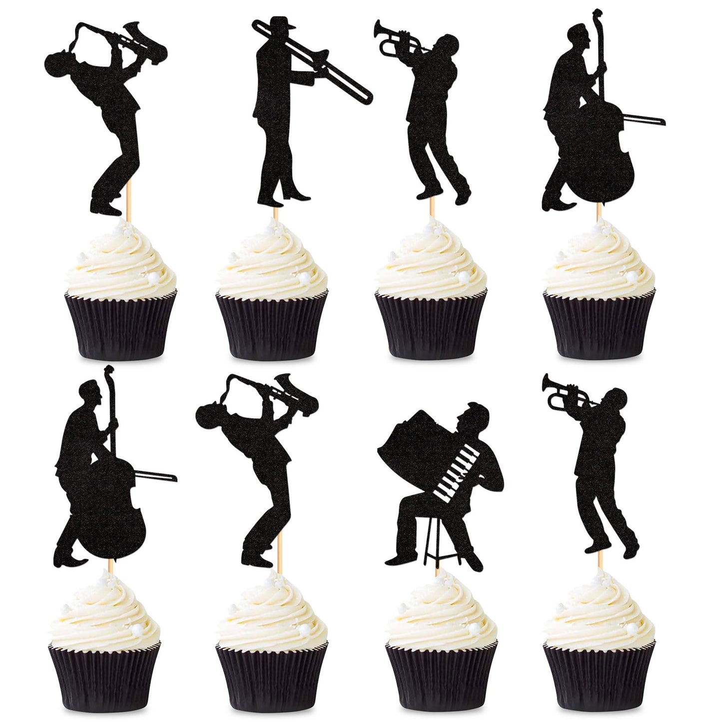 Ercadio 25 Pack Jazz Band Cupcake Toppers Black Glitter Band Cupcake Picks Vintage Jazz Music Theme Cupcake Picks Music Concert 