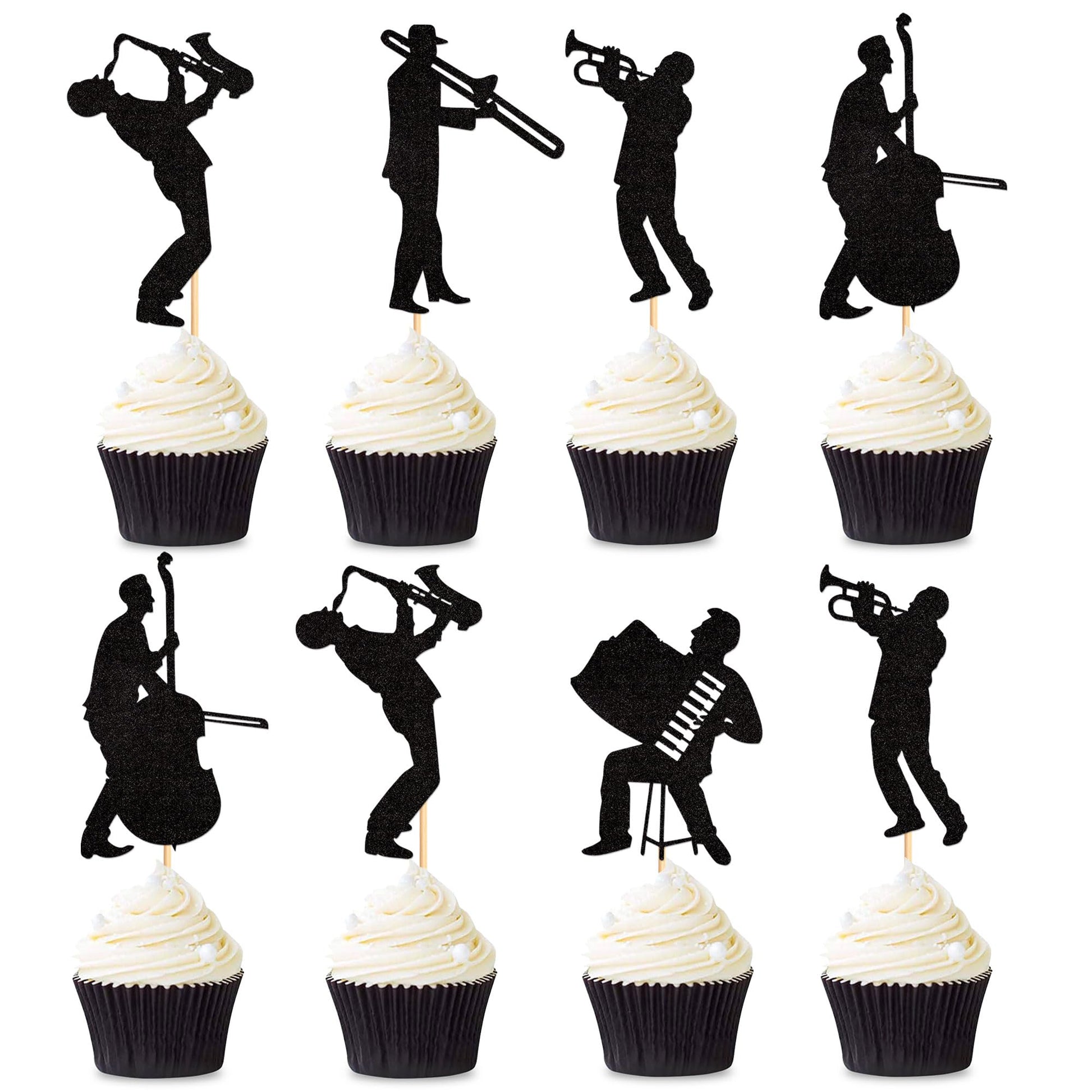Ercadio 25 Pack Jazz Band Cupcake Toppers Black Glitter Band Cupcake Picks Vintage Jazz Music Theme Cupcake Picks Music Concert 