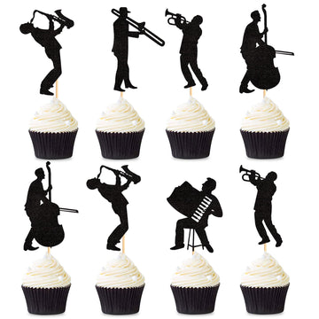 Ercadio 25 Pack Jazz Band Cupcake Toppers Black Glitter Band Cupcake Picks Vintage Jazz Music Theme Cupcake Picks Music Concert 