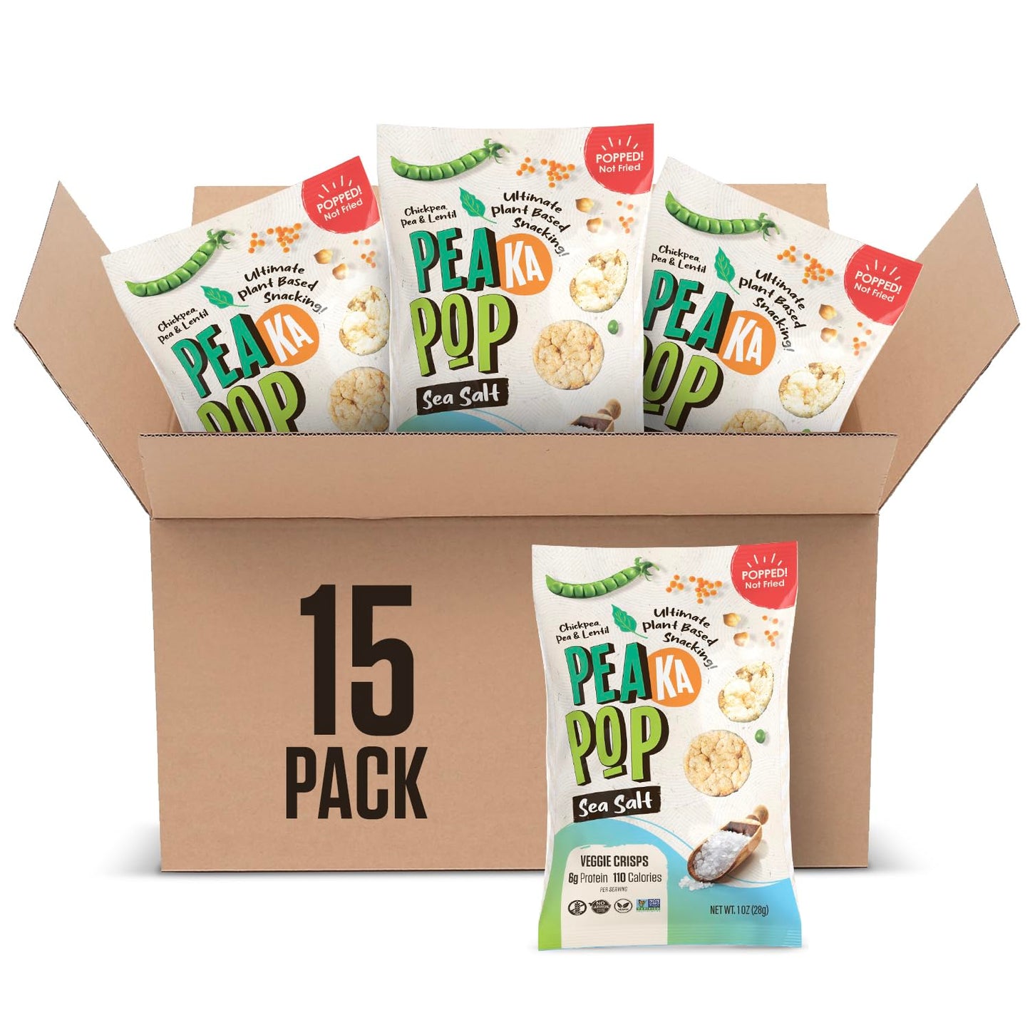 PEAKAPOP Veggie Chips - Plant-Based Crisps with Pea, Lentil & Chickpea Protein - Vegan, Gluten-Free - 15 oz (15-Pack) - Sea Salt