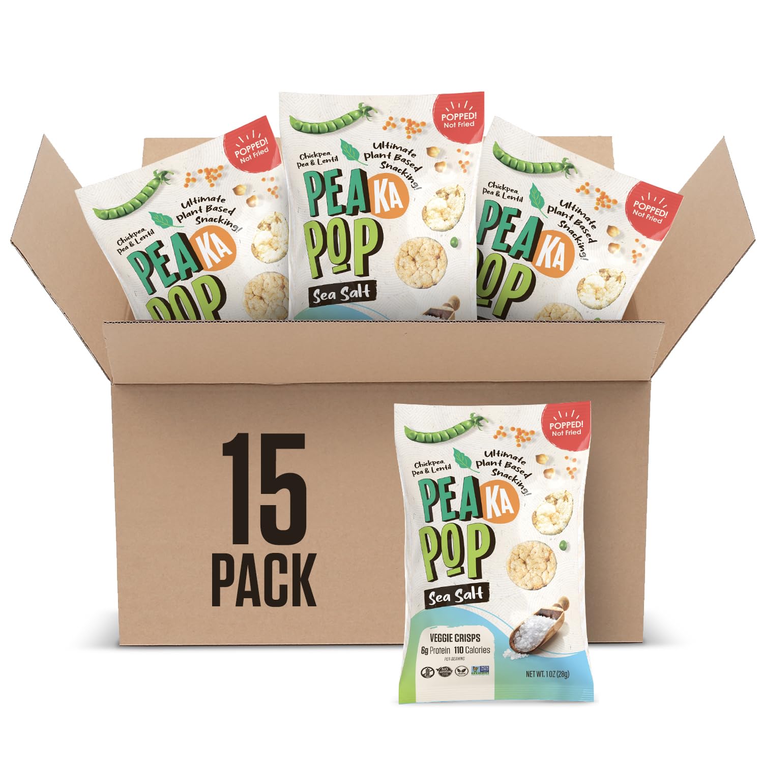 PEAKAPOP Veggie Chips - Plant-Based Crisps with Pea, Lentil & Chickpea Protein - Vegan, Gluten-Free - 15 oz (15-Pack) - Sea Salt