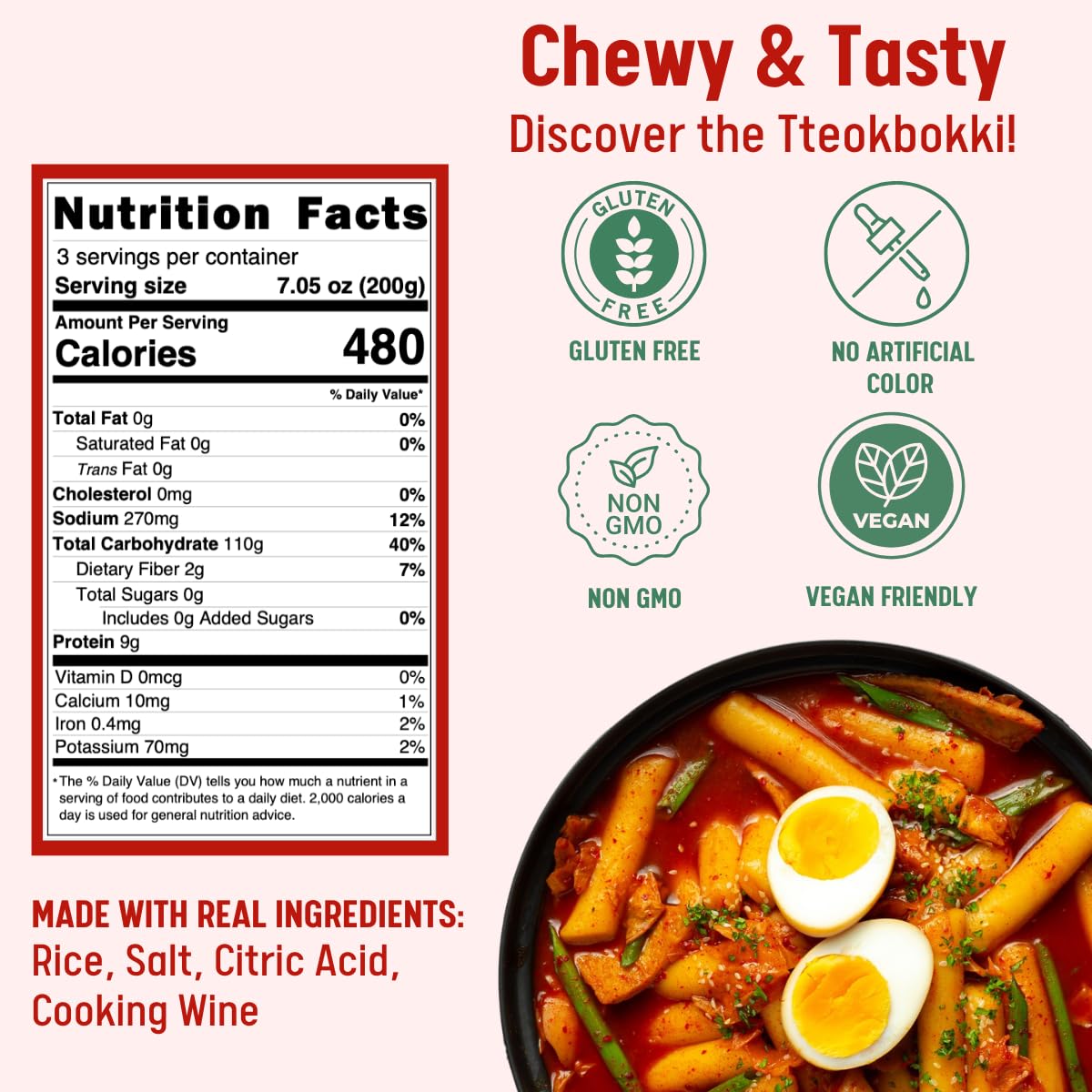 UNHAS ASIAN SNACK BOX Korean Rice Cake Tteokbokki Stick, Vegan, Non-GMO, Gluten Free, 21.16 oz, 3 Pack, White