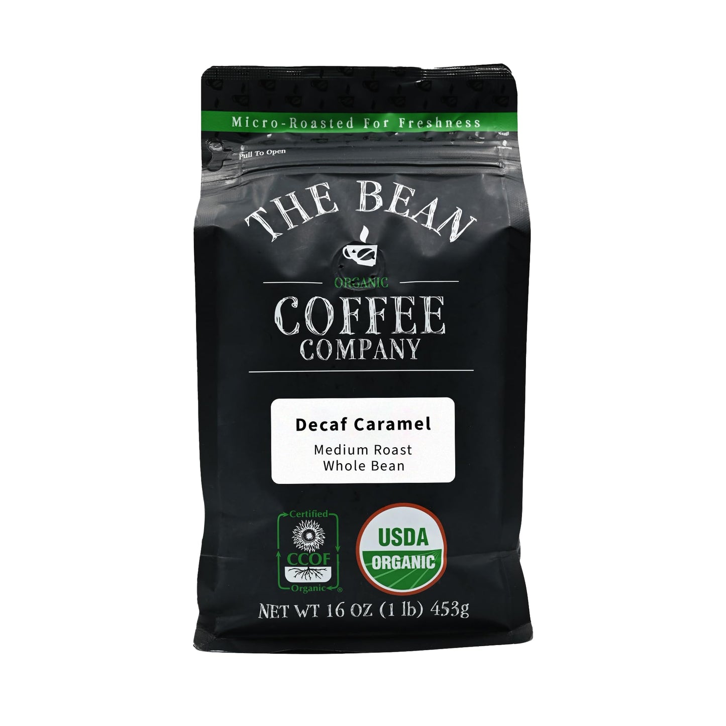 The Bean Organic Coffee Company Water Processed DECAF Caramel, Medium Roast, Whole Bean Coffee, 16-Ounce Bag