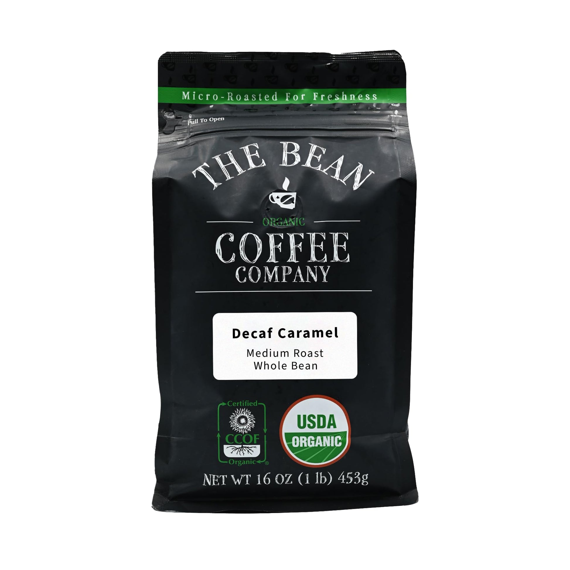 The Bean Organic Coffee Company Water Processed DECAF Caramel, Medium Roast, Whole Bean Coffee, 16-Ounce Bag