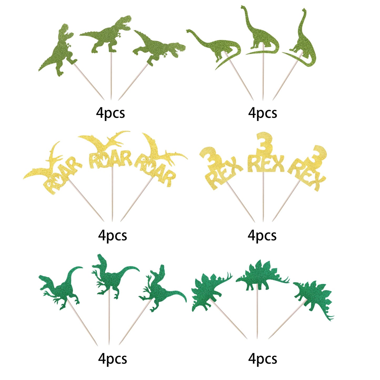 YCTHUNFISH Dinosaur Cupcake Toppers, 24 Pack, Glitter Gold, Bamboo, Small, Dino Theme for Baby Shower or Birthday Party Decorations