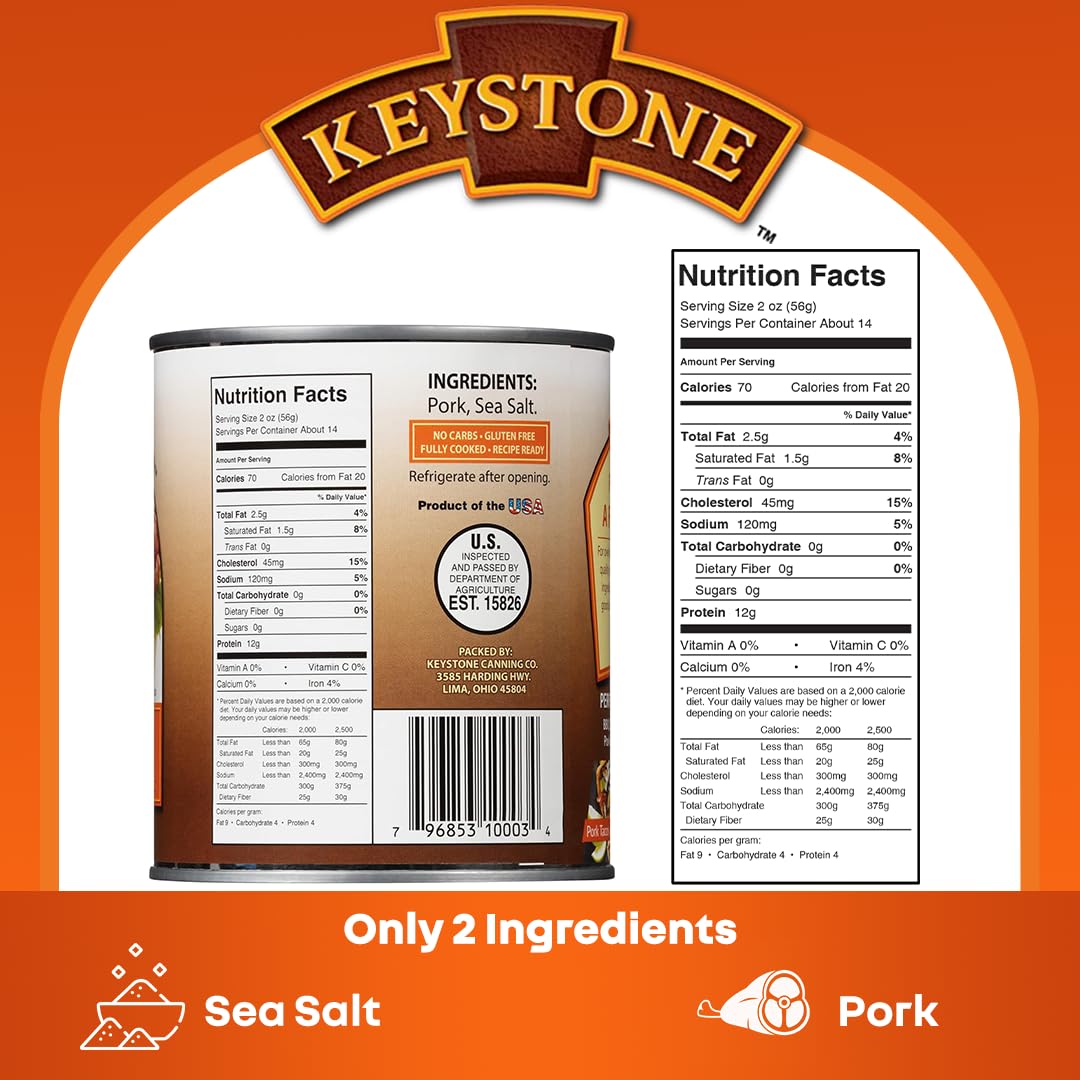 Keystone Meats All Natural Heat and Serve Canned Pork, 28 oz - Fully Cooked and Ready to Eat - Shelf Stable for 5 Years - Canned