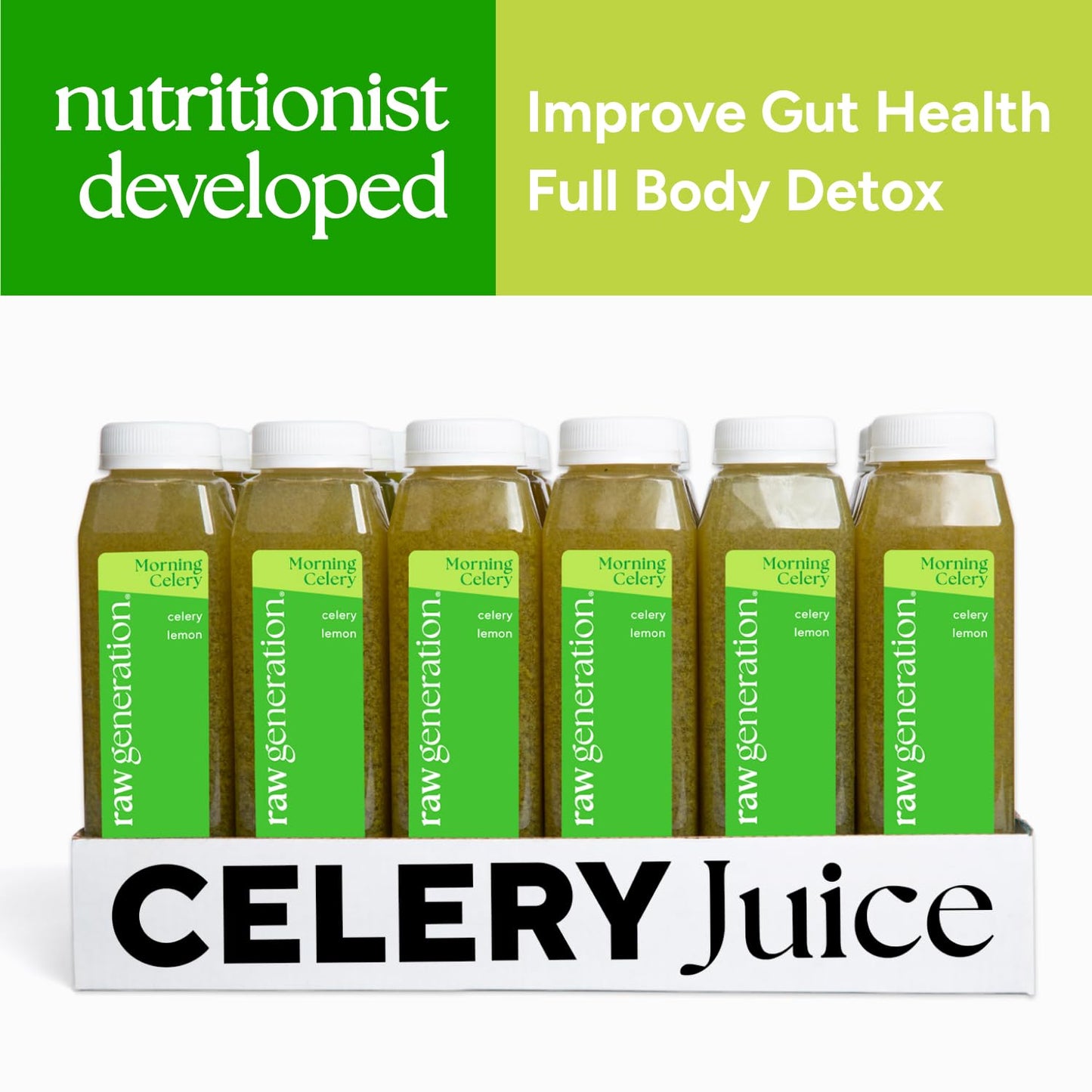 Raw Generation Cold-Pressed Celery Juice with Lemon - 12 Fl Oz (Pack of 18) - Daily Health Drink for Gut Health & Energy Boost
