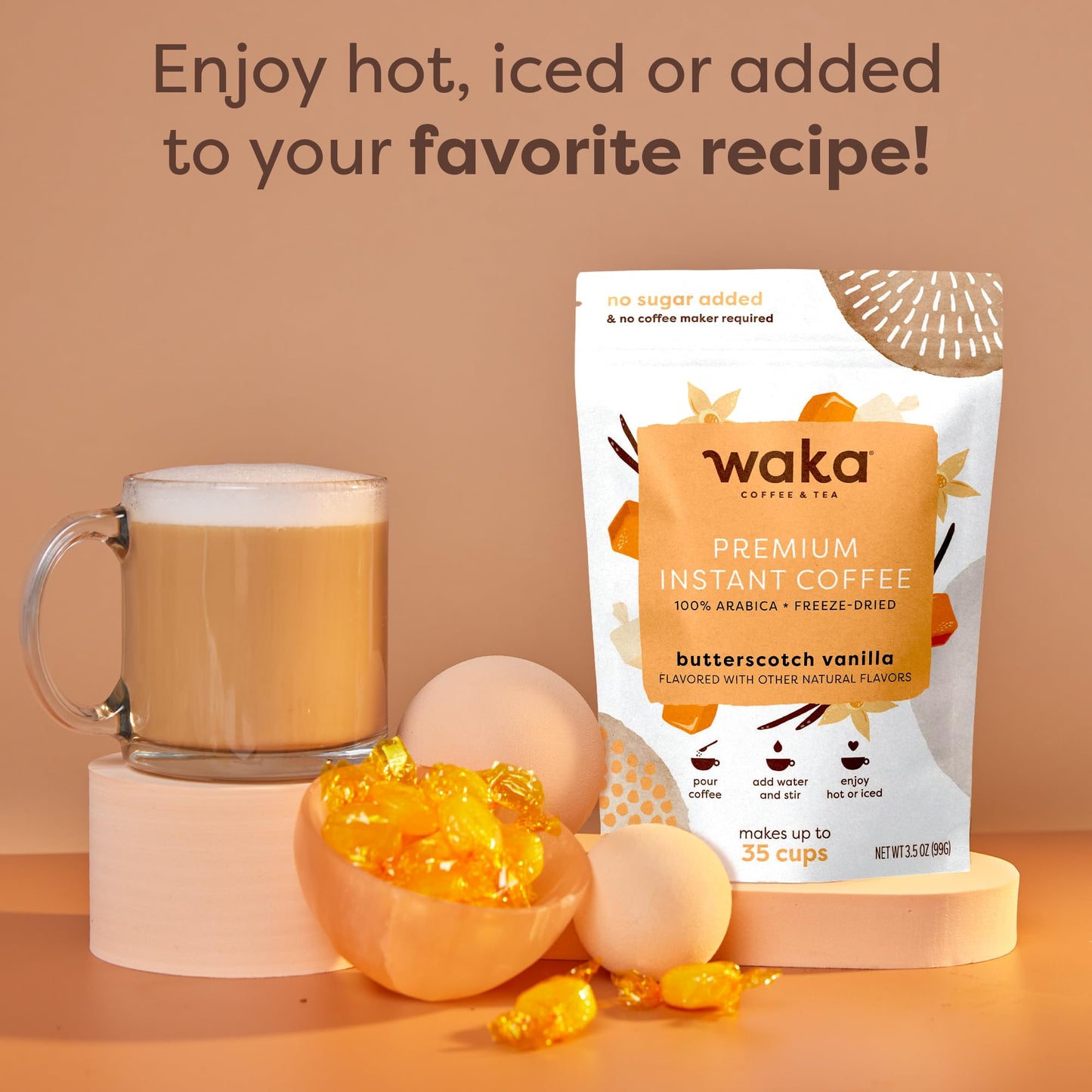 Waka Instant Coffee, Butterscotch Vanilla Flavored - 100% Arabica Beans, Freeze Dried Granules, No Additives - Bulk Bag For Quic