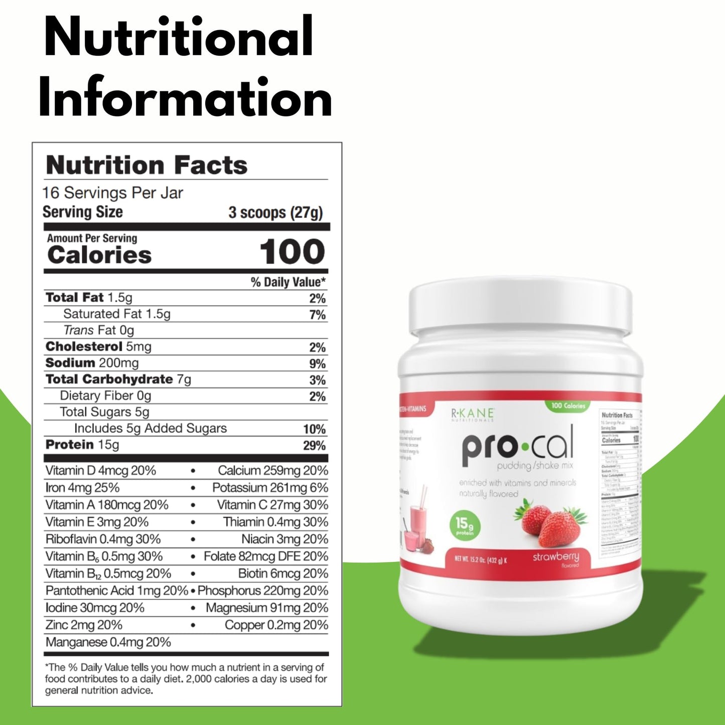 R-Kane Nutritionals Pro-Cal Strawberry Meal Replacement Powder, High Protein, Low Calorie, 16.4 oz, 16 Servings