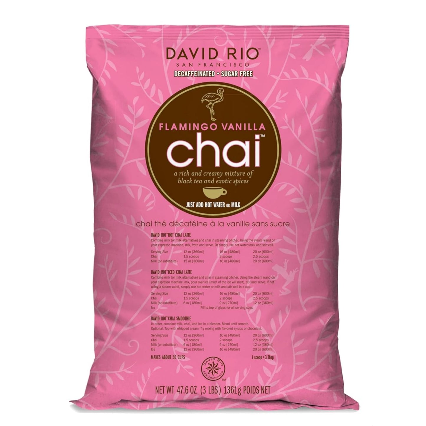 Flamingo Vanilla Decaffeinated Reduced Calorie Chai Tea Latte Mix  48 Oz  Decaf Black Tea  Organic Spices  Sugar Free  Dairy Free  Serve Hot Or Cold  Just Add Water Or Milk  56 Servings