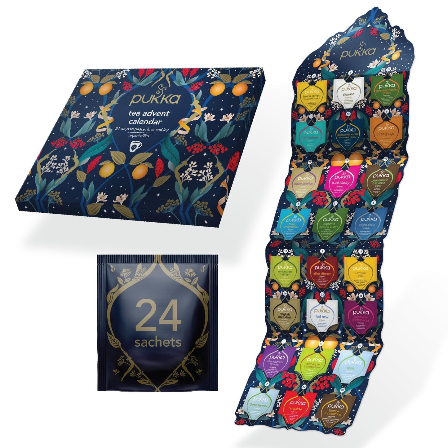 Pukka Advent Calendar 2023 Organic Tea, Herbal Tea Variety Pack, Selection Of 24 Delightful Black & Green Teas And Infusions, 100% Organic