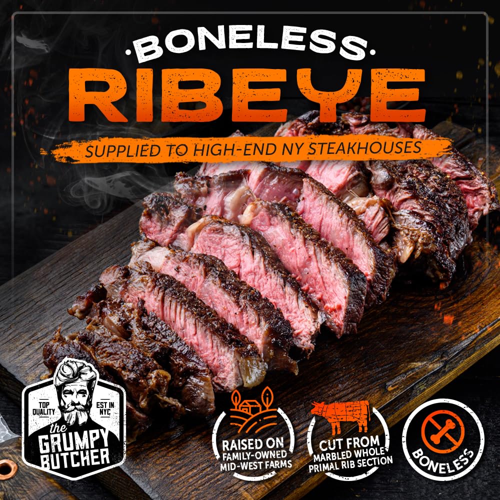 Grumpy Butcher Ribeye Steaks, 8 Pack (14 Oz Each) - Prime Steakhouse Quality Beef Ribeye Steak Meat - For Delivery In Grumpy But