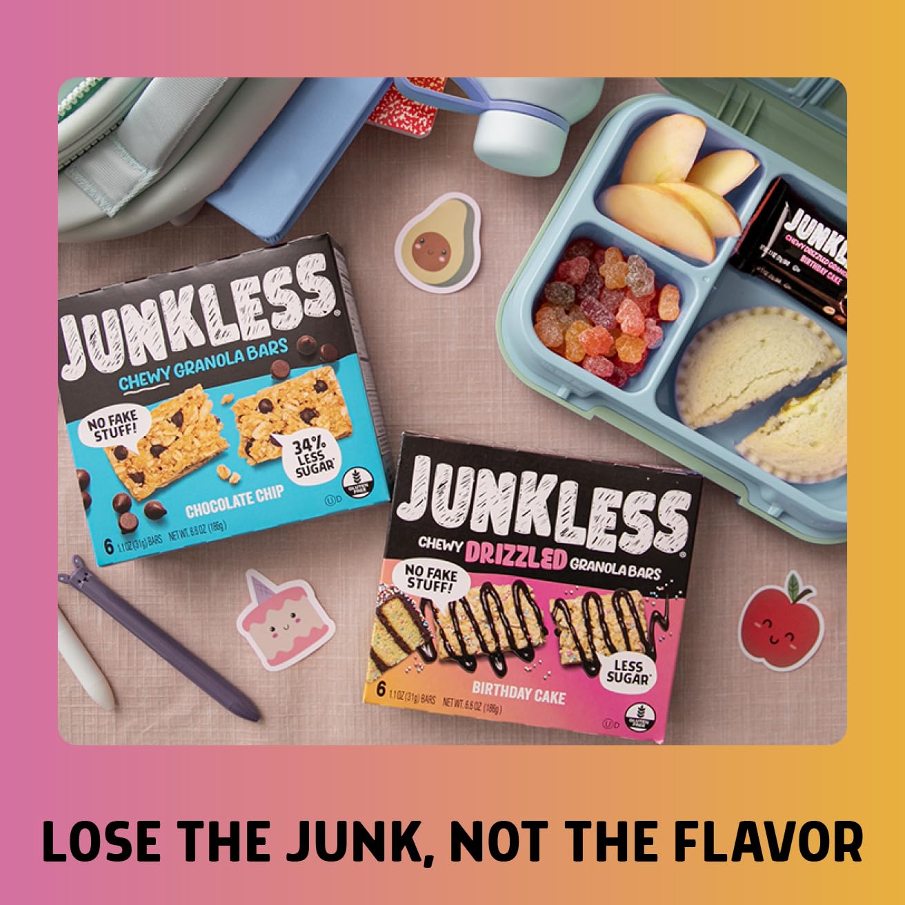 JUNKLESS Chewy Granola Bar 2-Flavor Variety Pack (24 Bars)-Non-GMO, Gluten-Free, Less Sugar Snack Bars- Drizzled Birthday Cake &