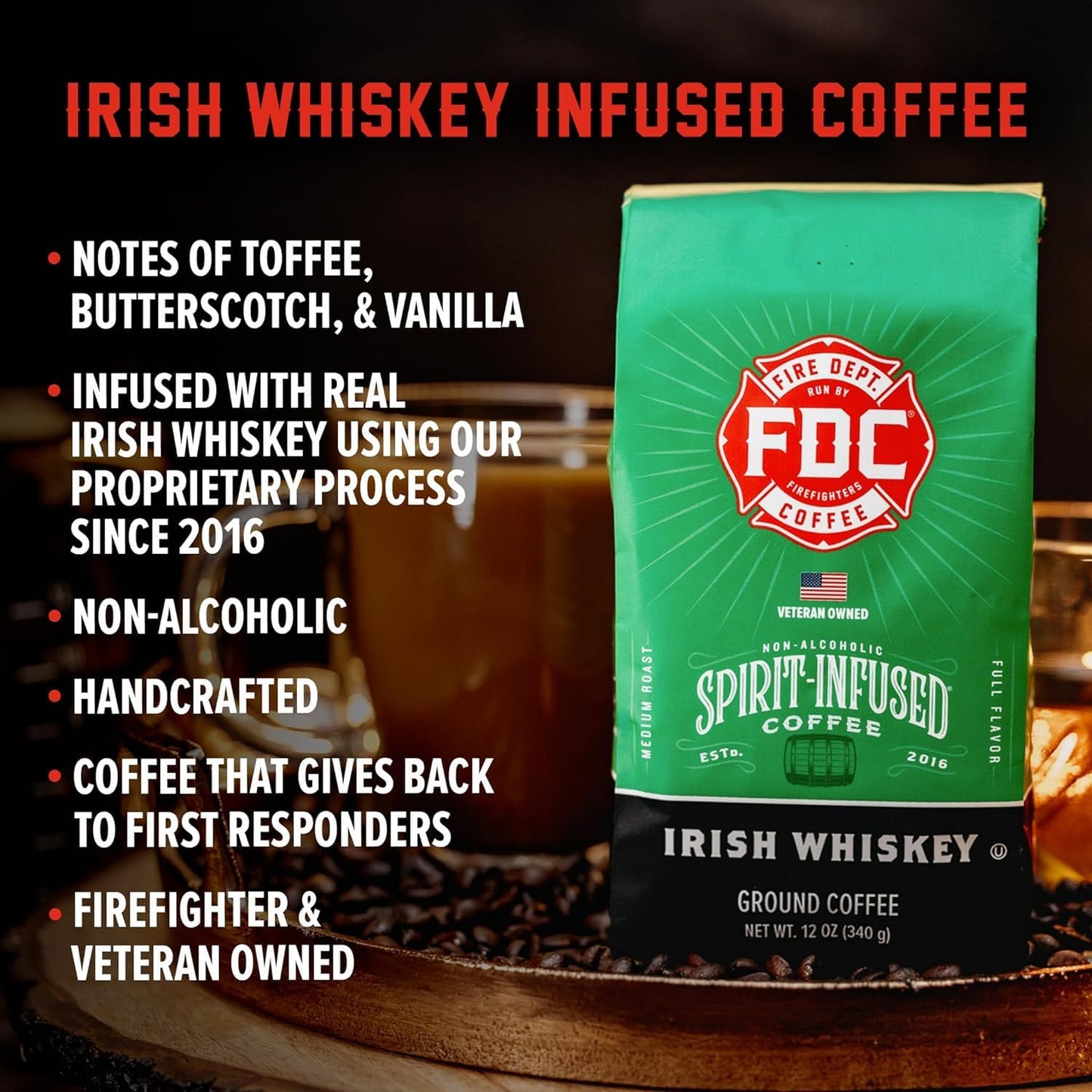 Fire Department Coffee Irish spirit-inspired flavor Infused Ground Coffee, Medium Roast, 12 oz, Pack of 2, Non-  ic, Roasted in the USA