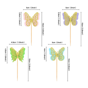 Ercadio 24 Pack Butterfly Cupcake Toppers - Glitter Double Layers Gold Butterfly Cupcake Picks 3D For Wedding Anniversary Kids B