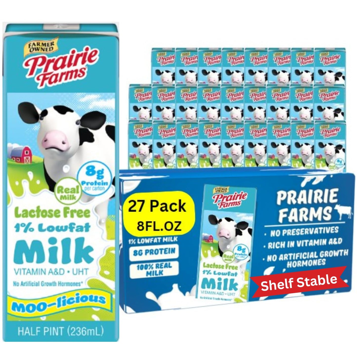 Prairie Farms Lactose Free Milk  Shelf Stable 1% Low Fat Milk Boxes Vitamin D  Gluten Free  Ultra Pasteurized (UHT)  Kosher - 8oz. (27 Pack)