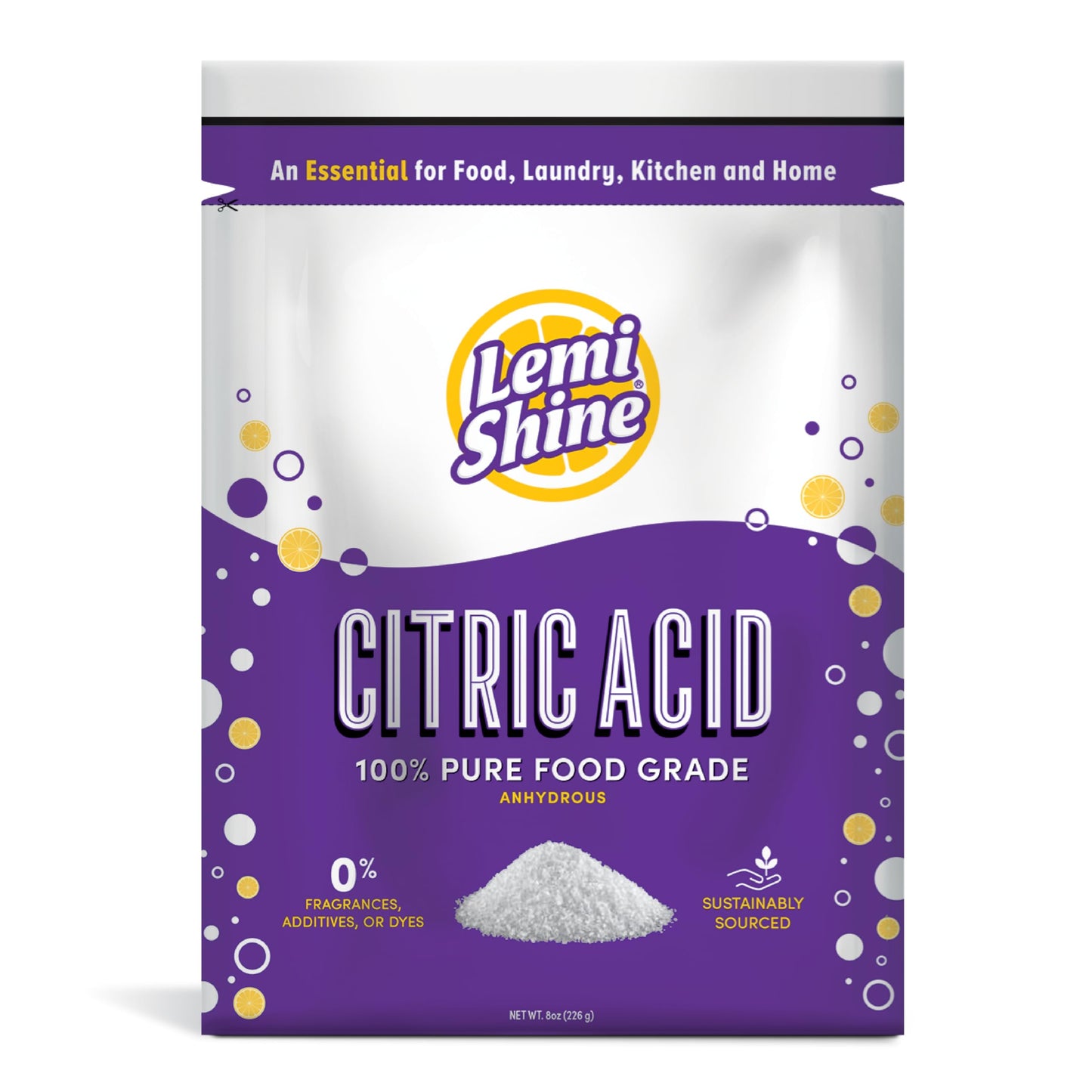 Lemi Shine 100% Citric Acid Powder L Pure Food-Grade Flavor Enhancer & All-Natural Preservative | Fragrance Free Citric Acid For Mini Bath  S, Cooking, & Canning, 8 Oz. Bag