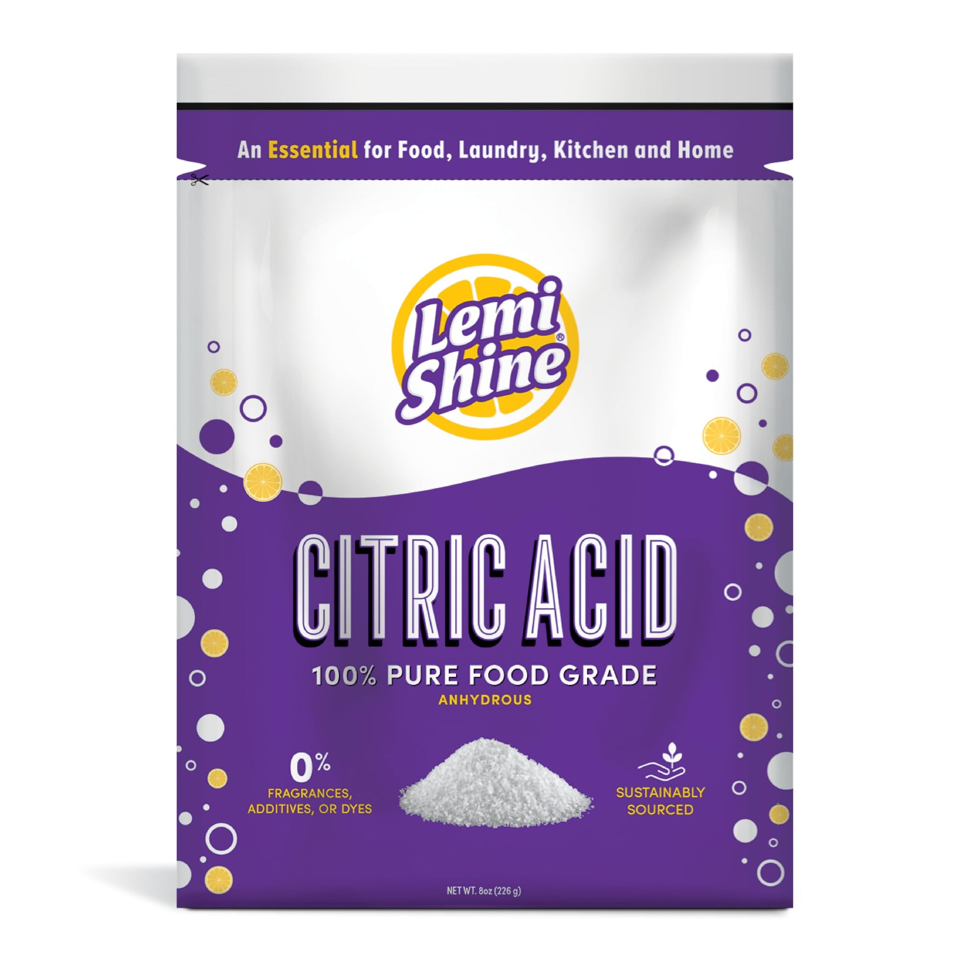 Lemi Shine 100% Citric Acid Powder L Pure Food-Grade Flavor Enhancer & All-Natural Preservative | Fragrance Free Citric Acid For Mini Bath  S, Cooking, & Canning, 8 Oz. Bag