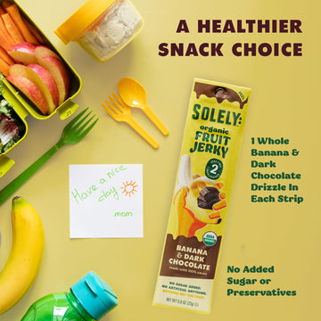 SOLELY - Organic Banana Chocolate Drizzled Fruit Jerky - 12 Individually Wrapped Strips - Fruit Leather Made from Dried Fruit -