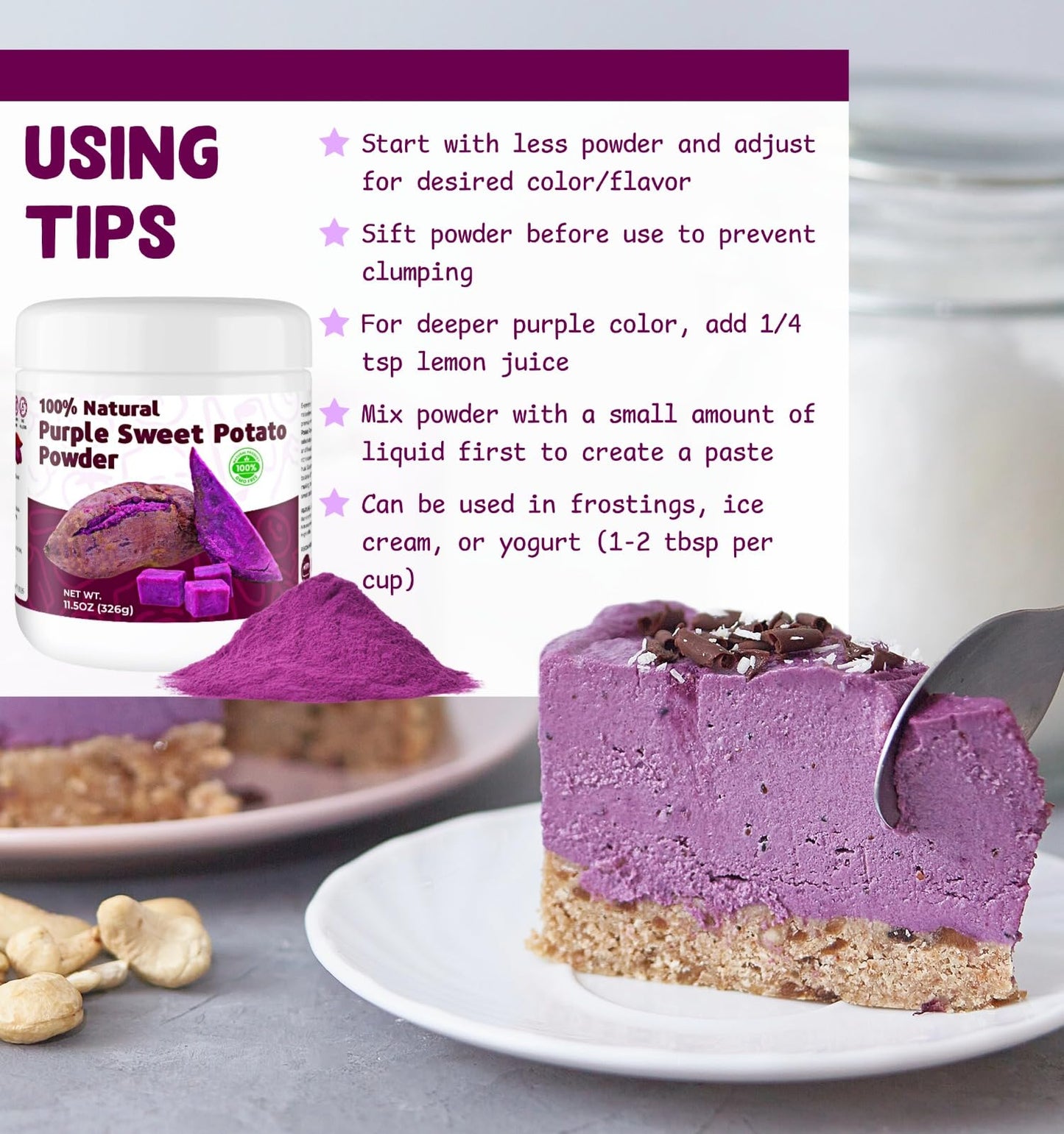 326G Purple Sweet Potato Powder - Pure Fine Ube Powder, Gluten-Free, Non-Gmo, Natural Purple Yam Mix - Baking Smoothies Latte Fr