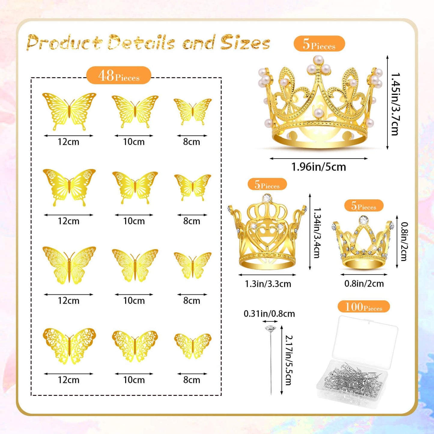 cridoz 163Pcs Flower Bouquet Accessories, 15Pcs Mini Crowns with 48Pcs Gold 3D Butterfly Decorations and 100Pcs Corsage Boutonni