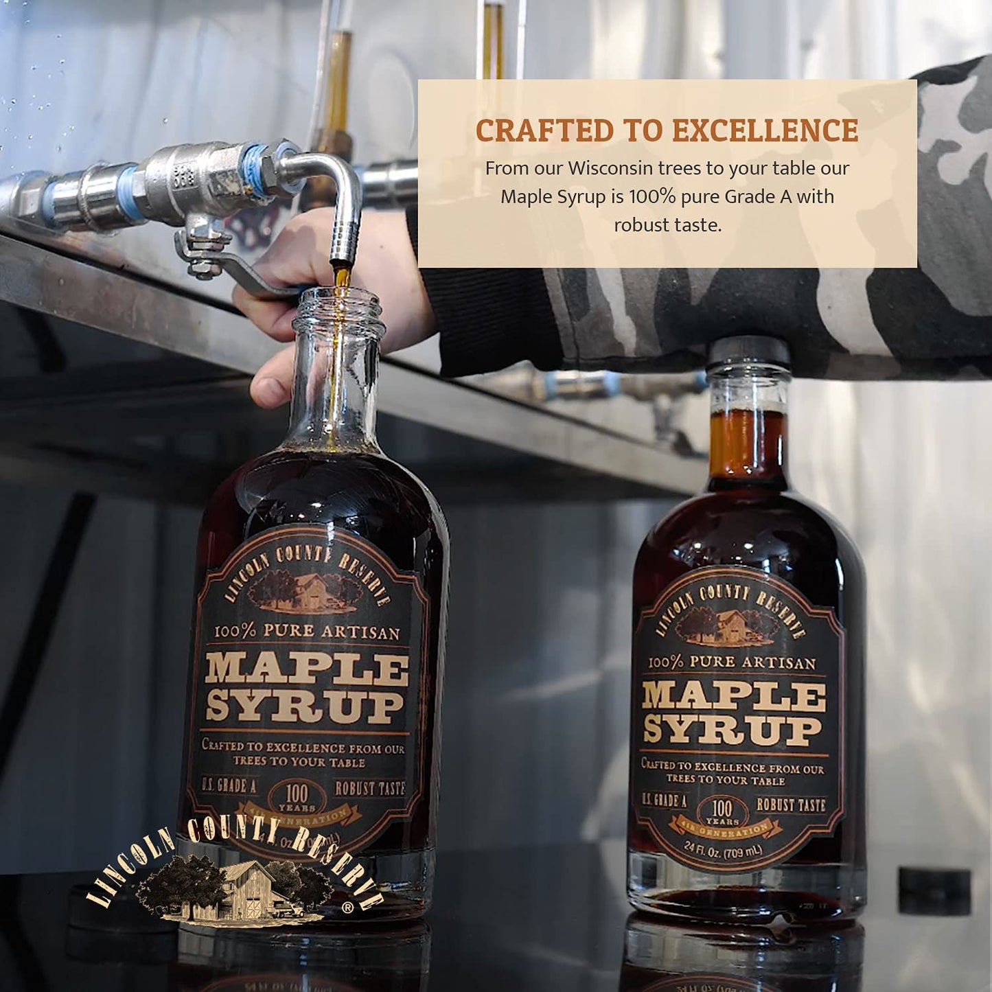Lincoln County Reserve Maple Syrup - 100% Pure Artisan, 32 oz Glass Bottle, Robust Taste, Brown