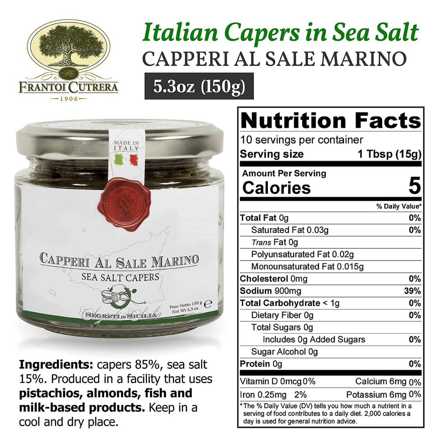 Frantoi Cutrera Gourmet Italian Capers Non Pareil in Sea Salt, 5.3oz (Pack of 4) - Ideal for Cooking and Garnishing
