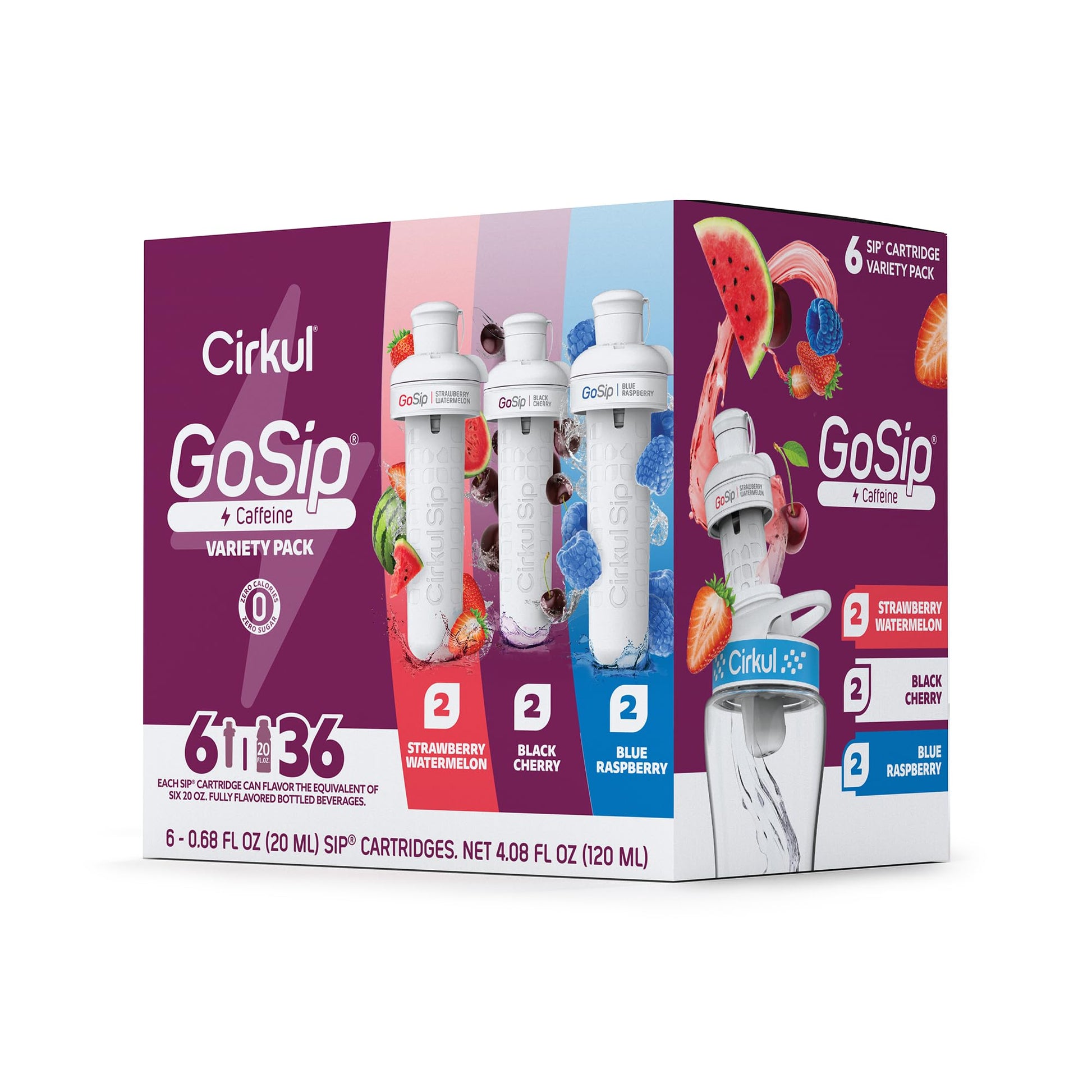 Cirkul GoSip Caffeine Flavor Water Variety Pack - 36 Zero Calorie Drink Mixes (2 Blue Raspberry, 2 Black Cherry, 2 Strawberry Watermelon)