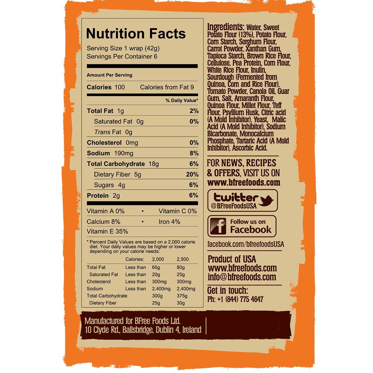 Bfree Gluten Free Wheat Free Wrap Tortillas Sweet Potato Vegan Dairy Free (Pack Of 2)