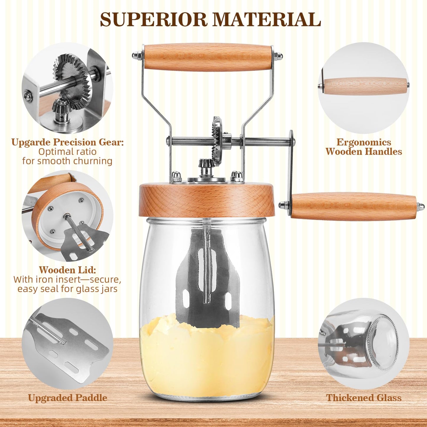 Tanedar Pro Butter Churner Set - 35oz Glass Jar, Anti-Slip Mat, Cheesecloth, Butter Mold & 2 Paddles - DIY Kitchen Gift
