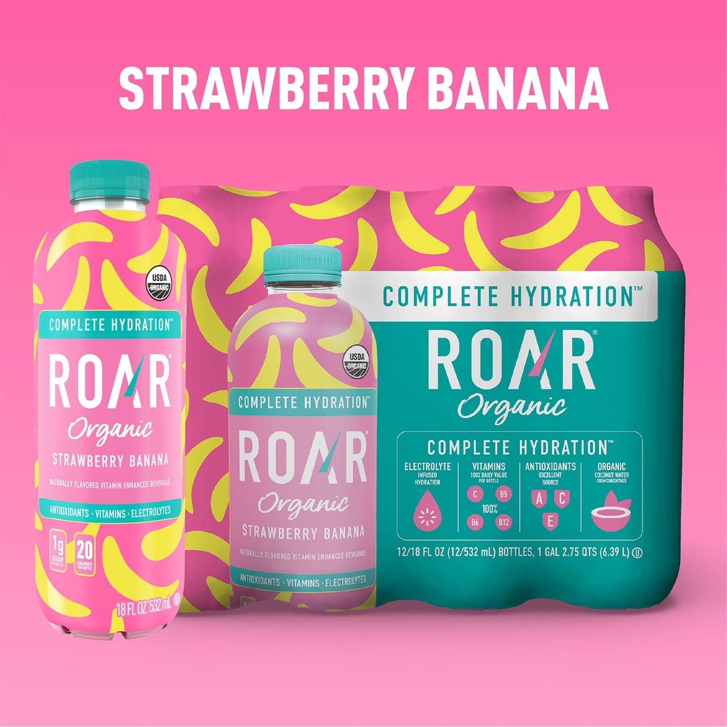 Roar Complete Hydration Organic - Electrolyte Drinks Loaded with Vitamins C, B5, B12 - Non-GMO, Gluten-Free - Strawberry Banana