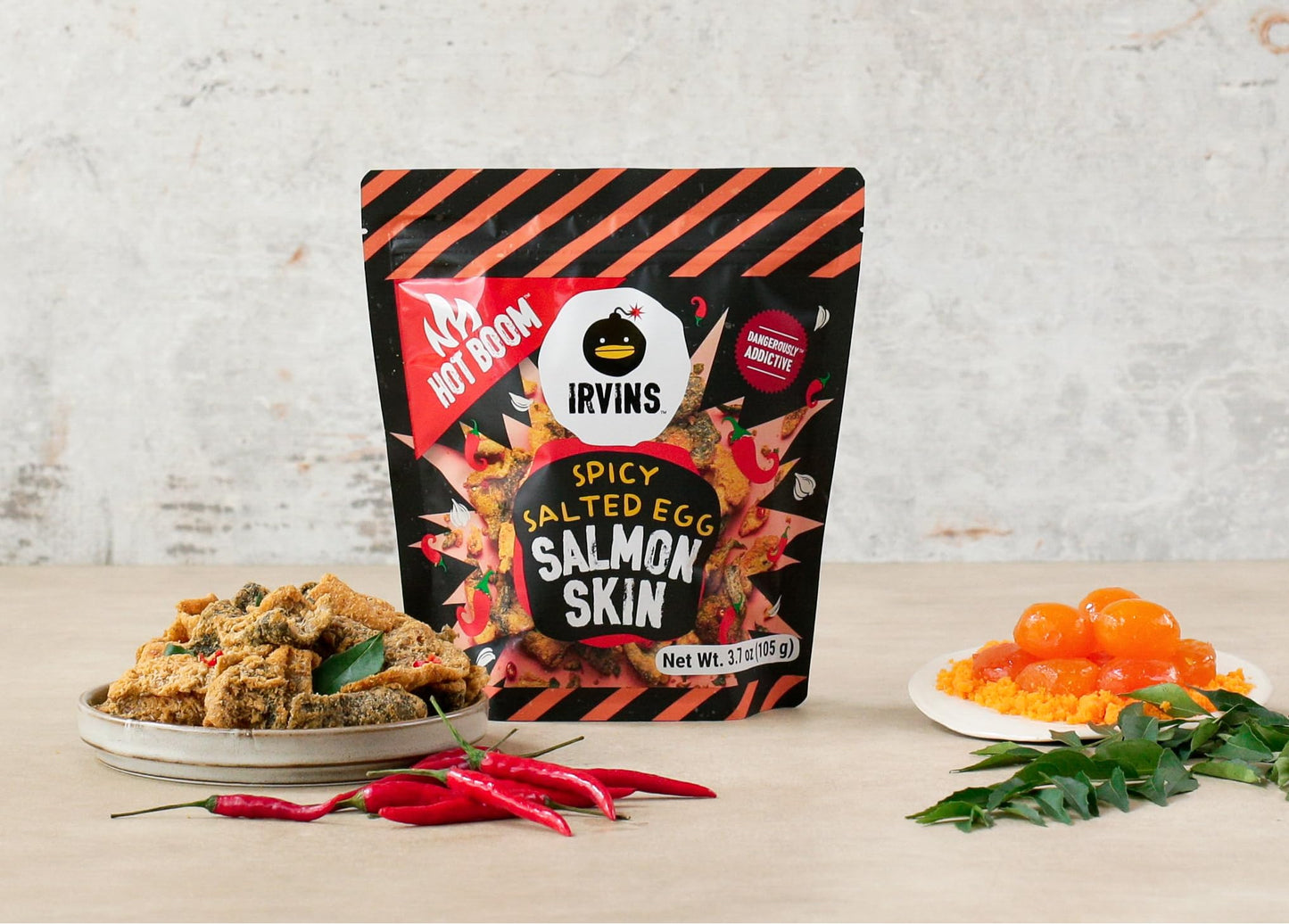 Irvins Hot Boom Spicy Salted Egg Salmon Skin Chips Crisps | Premium Hand Cooked | Halal | High Protein | Keto-Friendly | 3.7 Oz (Pack Of 6)
