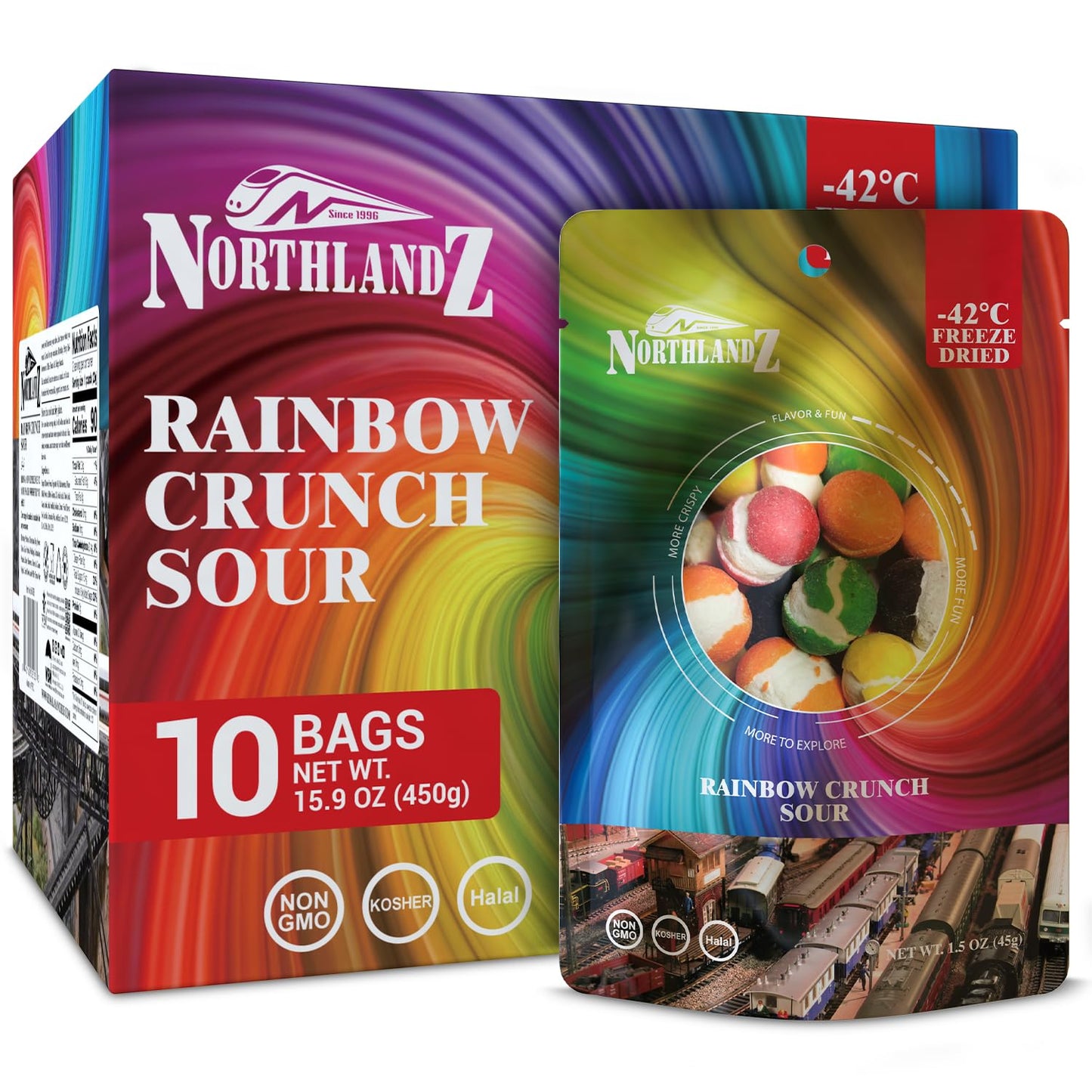 Northlandz Freeze Dried Candy | Rainbow Crunch Sour | Pack Of 10 | Tangy Assorted Fruit Flavors | 1.5Oz/Each | Unique Crunchy Texture | Ideal Snack Or Gift