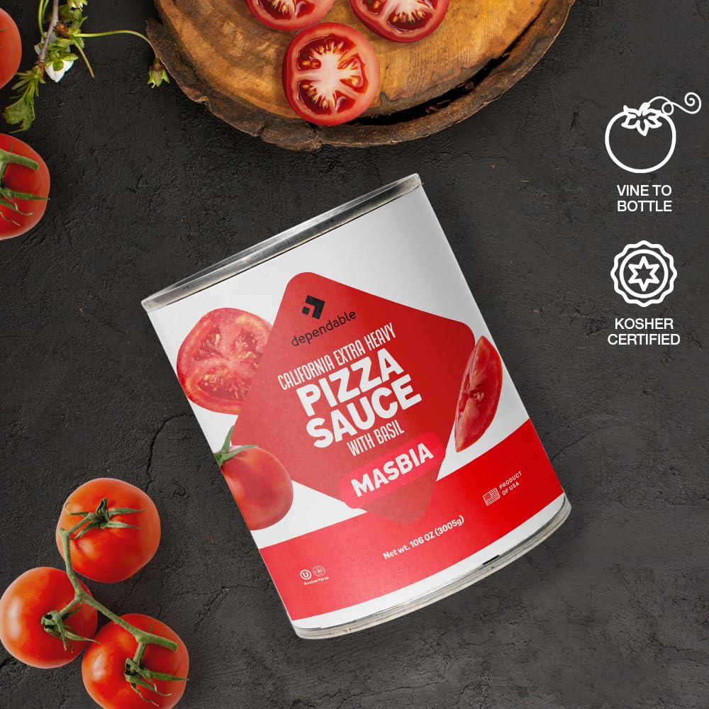 Dependable Foods Pizza Sauce - 6.10 Lbs., 106 Oz.- Extra Heavy Pizza Sauce With Basil - Authentic California Vine To Bottle Blen