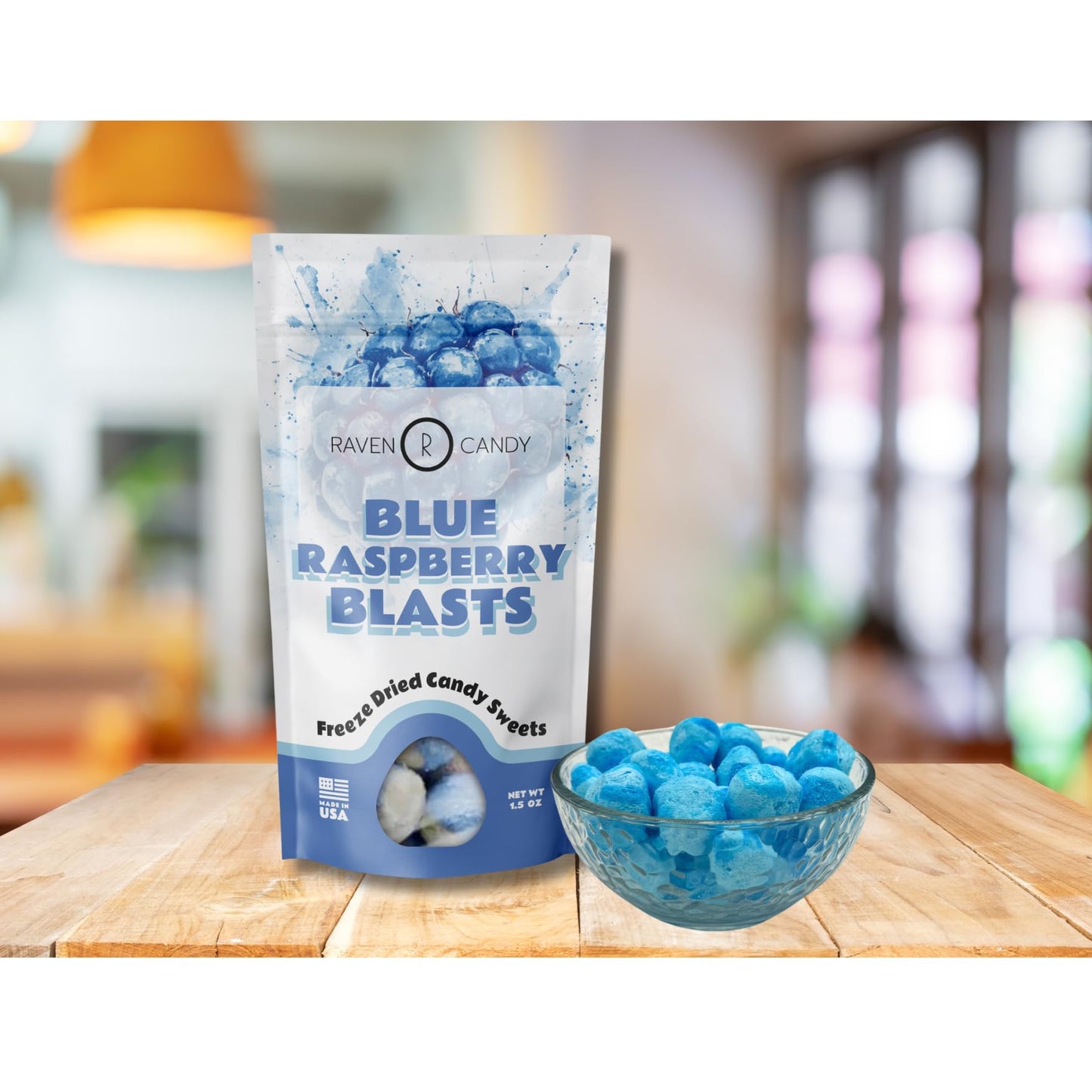 Raven Candy Blue Raspberry Blasts Freeze Dried Candy 1.5 oz | Crunchy & Zesty | Perfect for On-The-Go Snacking | Light & Airy Sw
