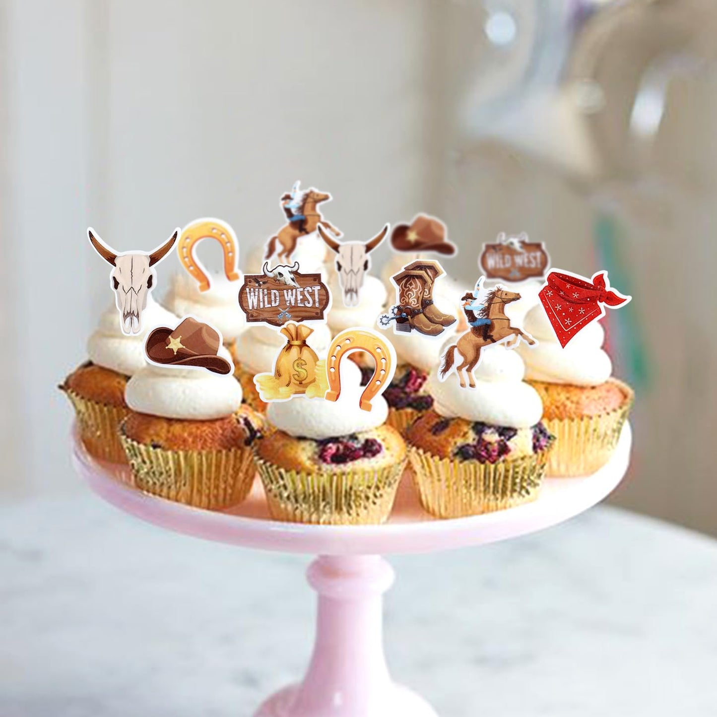 40 Pack Edible Cowboy Cupcake Toppers Wafar Glutinous Rice Paper Holy Cow I'M One Horseshoe Cowboy Hats Western Theme Happy Birt