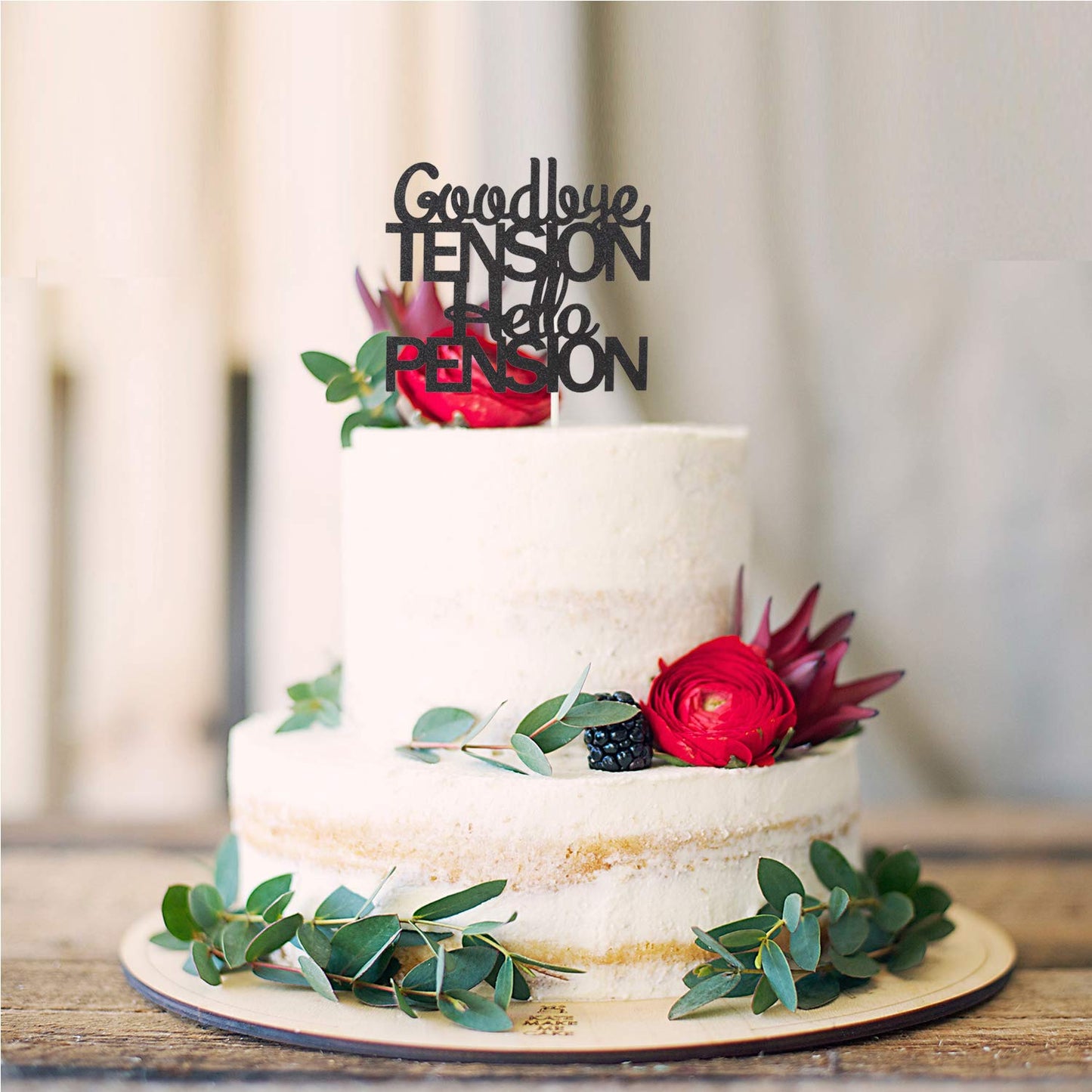 Goodbye Tension Hello Pension Cake Topper,Double Sided Black Glitter Happy Retirement Party Decorations Leaving Party Sign