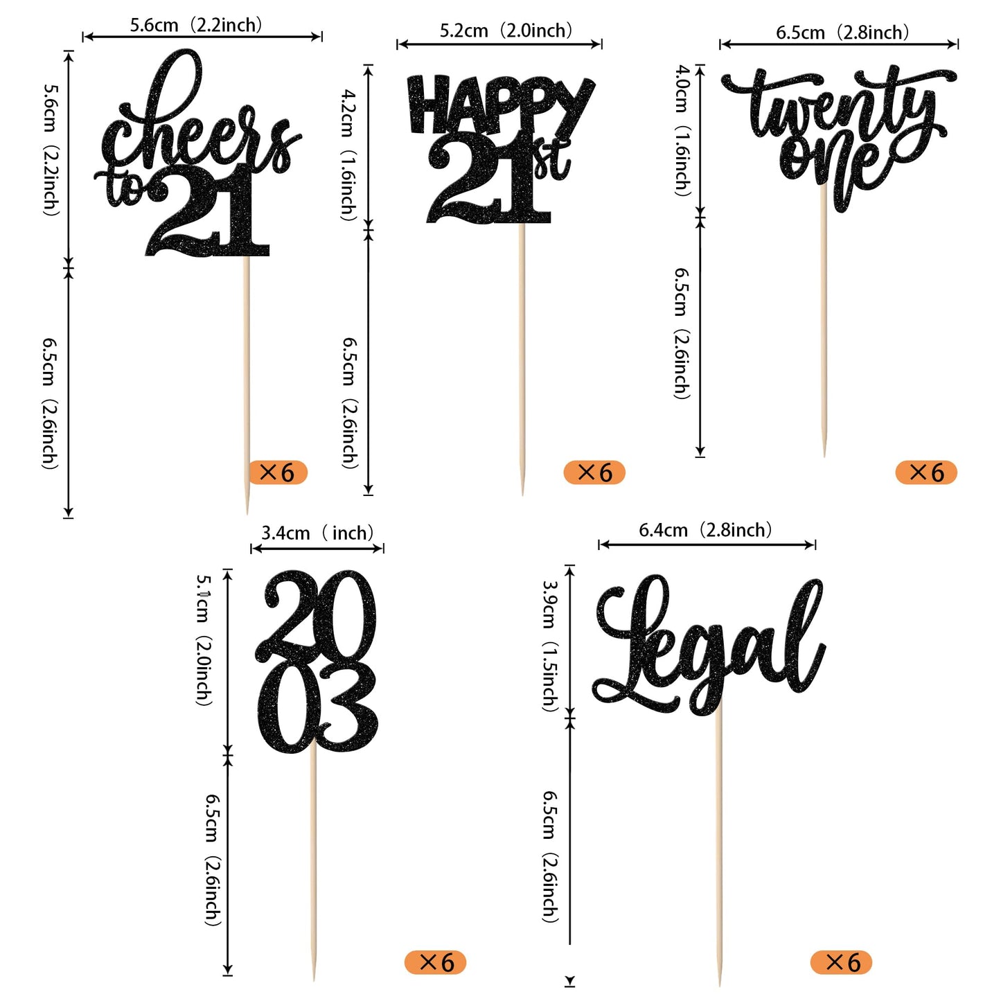 Rssta i Cupcake Toppers, 30 Pack Glitter Picks for 21st Birthday, Black, Paper, Model XM087